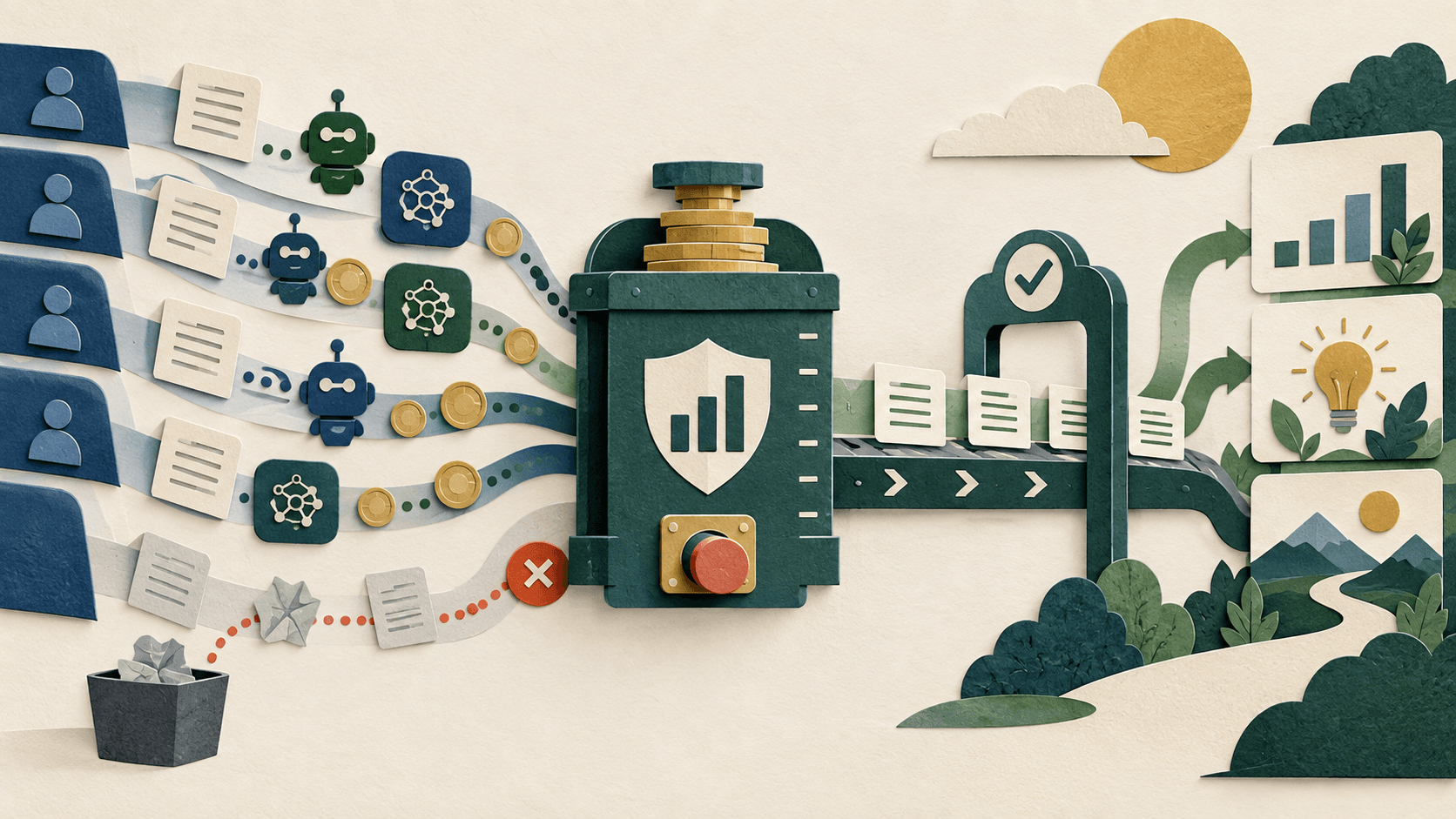 ai usage budget seats credits agents Paper-cut editorial illustration of software seats, model tokens, and agent runs entering a capped budget before accepted work exits through a quality gate