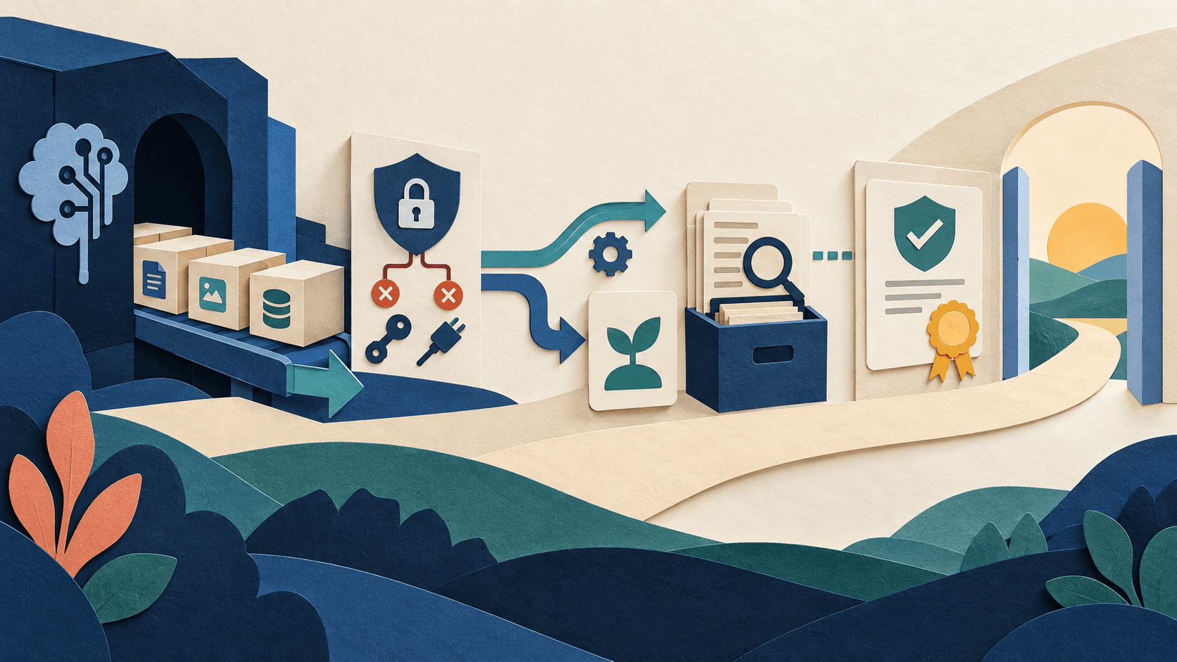 ai vendor exit plan guide Paper-cut editorial illustration of data export, credential revocation, workflow replacement, evidence retention, deletion verification, and a controlled vendor exit