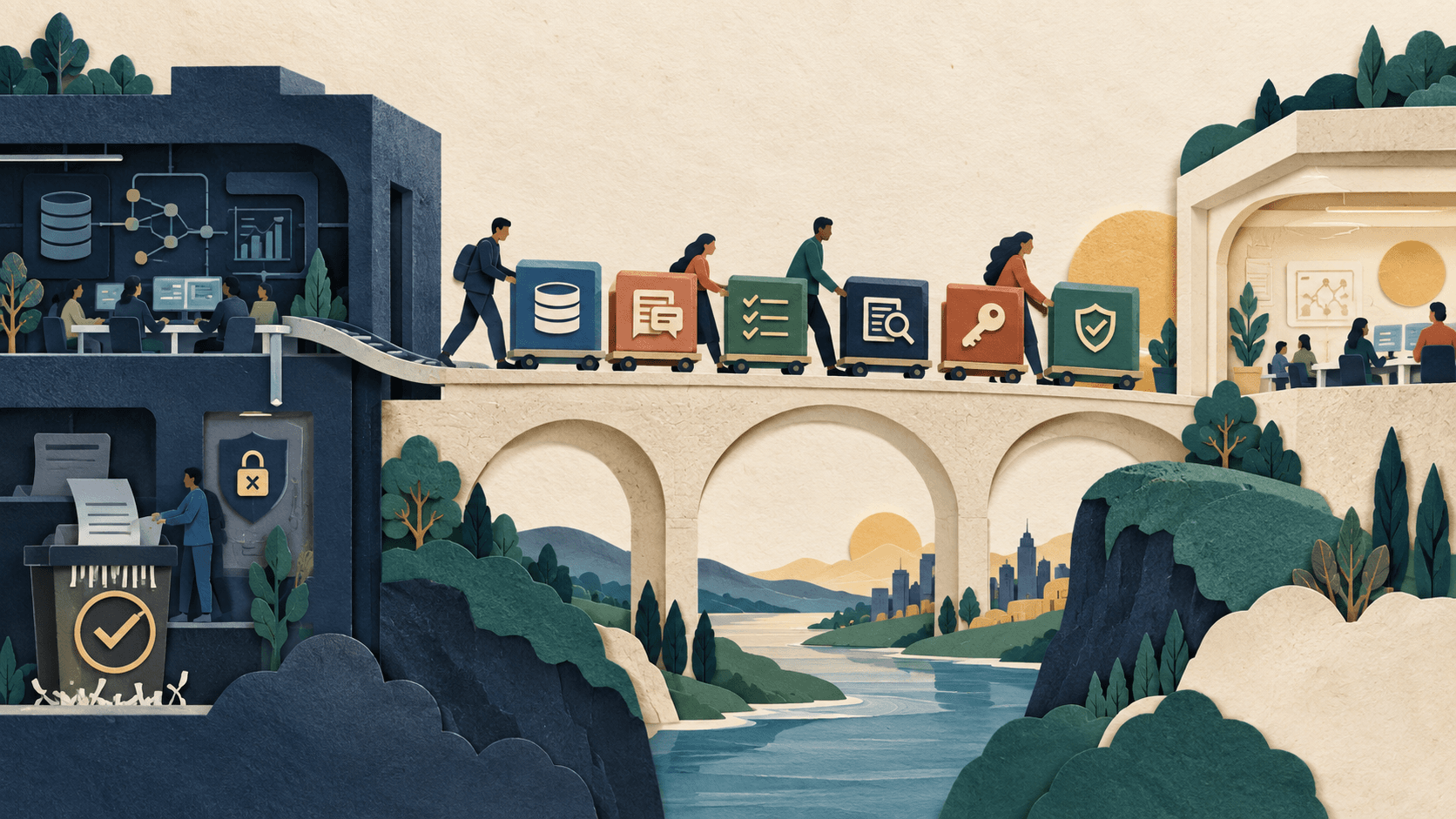 Build an AI Vendor Offboarding Plan Before You Sign the Contract Paper-cut editorial illustration of an AI workflow being safely packed into portable data, prompts, evaluations, credentials, deletion evidence, and a continuity bridge to a replacement system