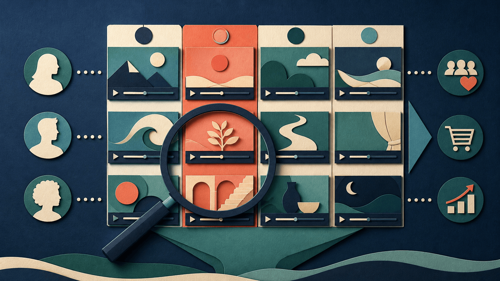 AI video ad testing matrix Editorial illustration of video advertisement variants arranged in a controlled testing matrix for audience and business outcomes