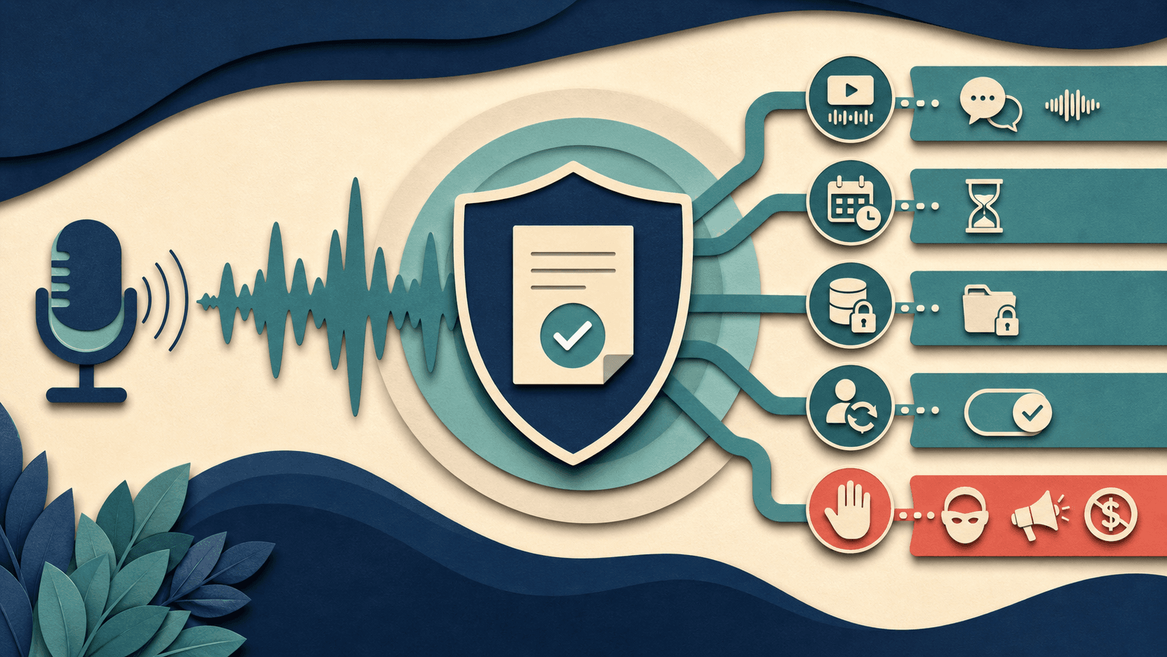 AI voice cloning consent checklist Editorial illustration of a voice waveform protected by a permission shield with controls for approved uses, duration, access, revocation, and prohibited uses