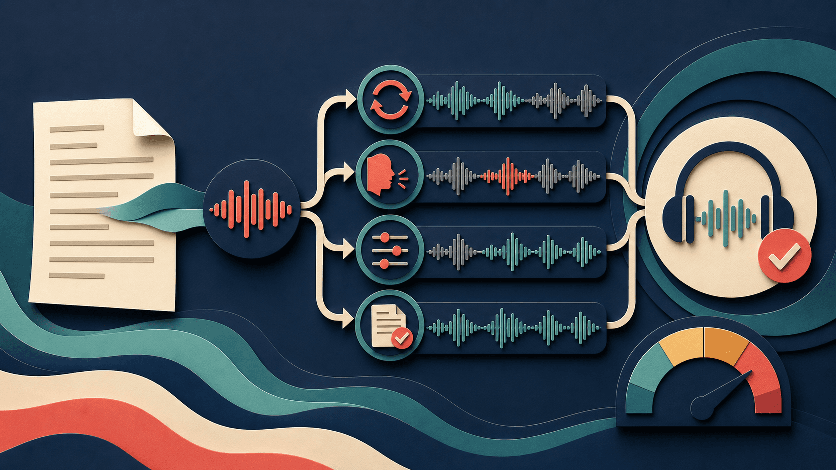 AI voiceover cost calculator workflow Editorial illustration of a script moving through AI voice generation, retries, pronunciation correction, editing, rights review, and approved audio