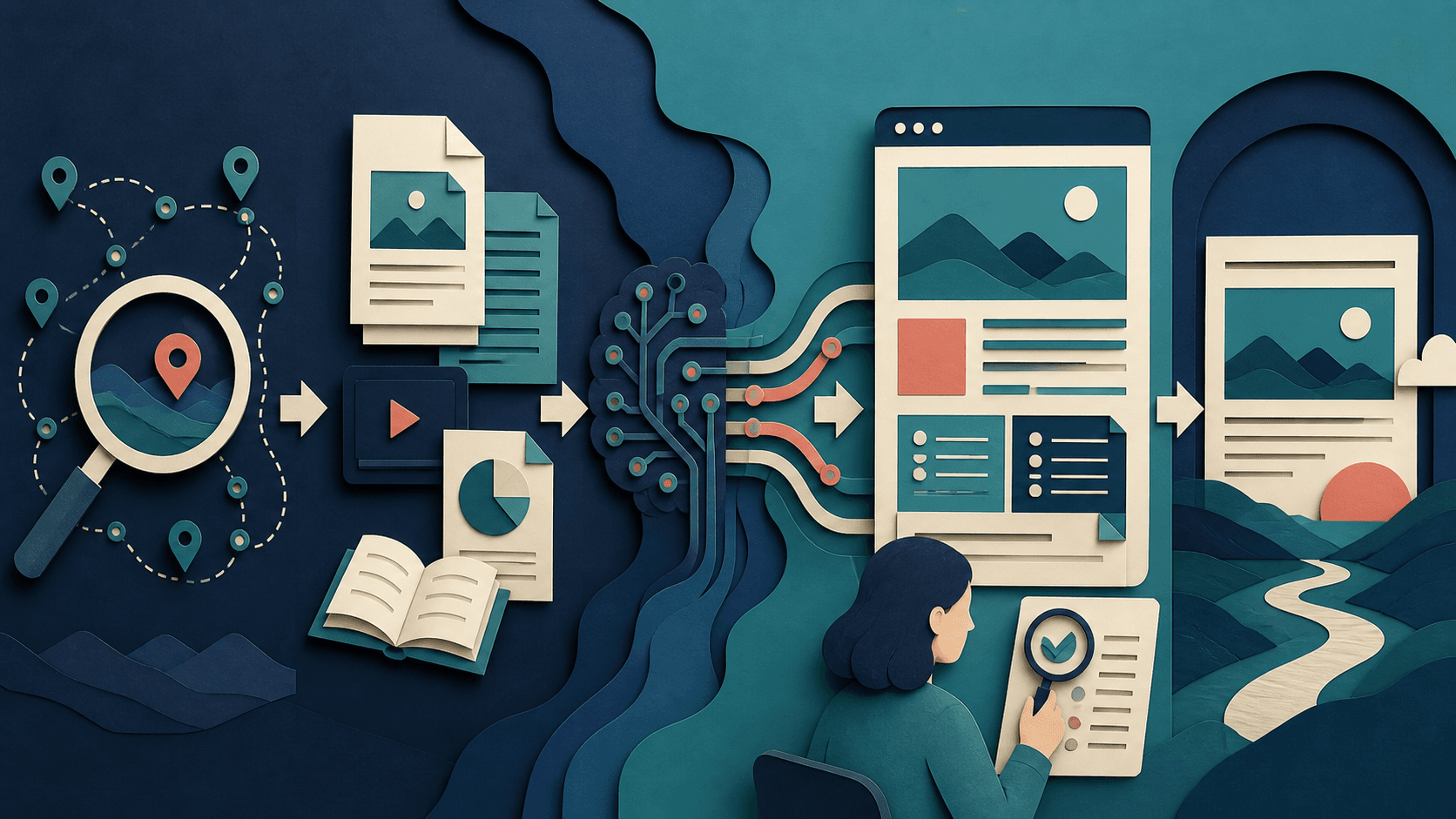 AirOps AI search content platform review Paper-cut illustration of search signals and source documents becoming human-reviewed web content