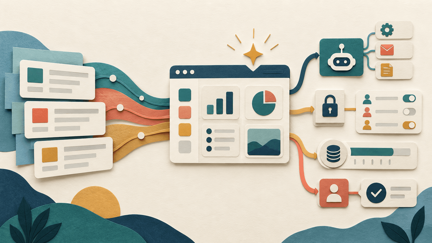 Airtable Omni review Paper-cut editorial illustration of structured records flowing into an AI-assisted operations app with permission and approval gates