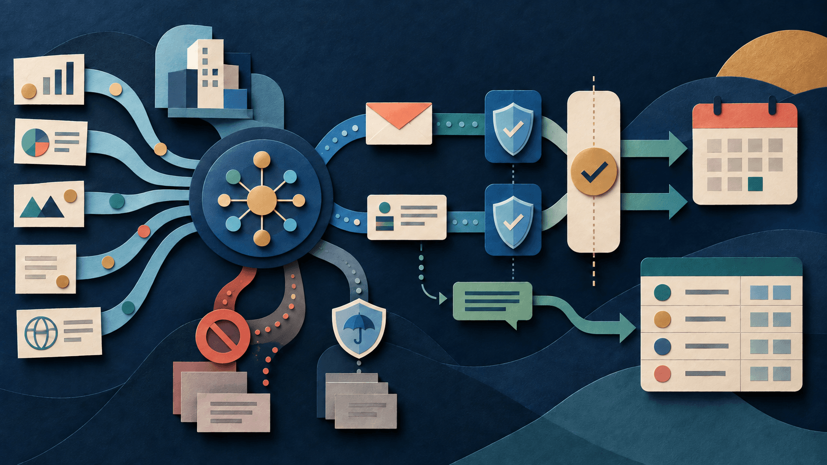 AiSDR review: signals, multichannel outreach, deliverability, and approval Abstract paper-cut editorial illustration of account signals flowing through AI research, email, professional-network outreach, safeguards, an approval gate, a calendar, and CRM records