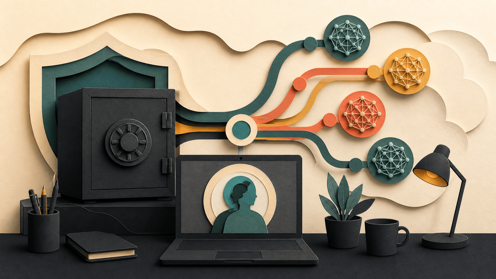 Alter AI Review 2026: Local Models, Pricing, Privacy, and Fit Paper-cut illustration of a Mac workspace routing selected work between a protected local vault and several abstract AI models