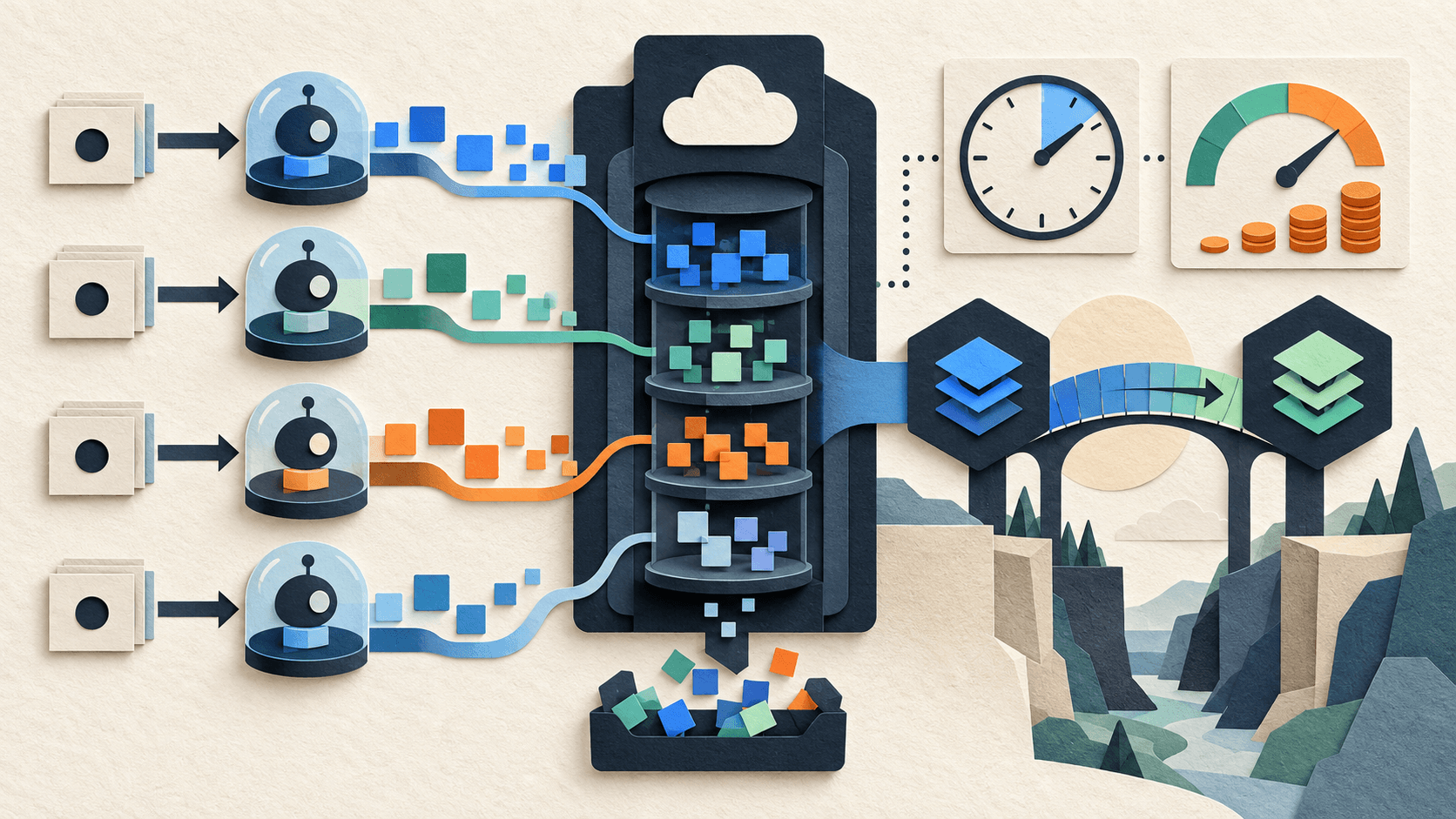Amazon AgentCore Runtime V2 Paper-cut editorial illustration of long-running AI agent sessions releasing memory and restoring compact runtime snapshots through measured latency and cost gates
