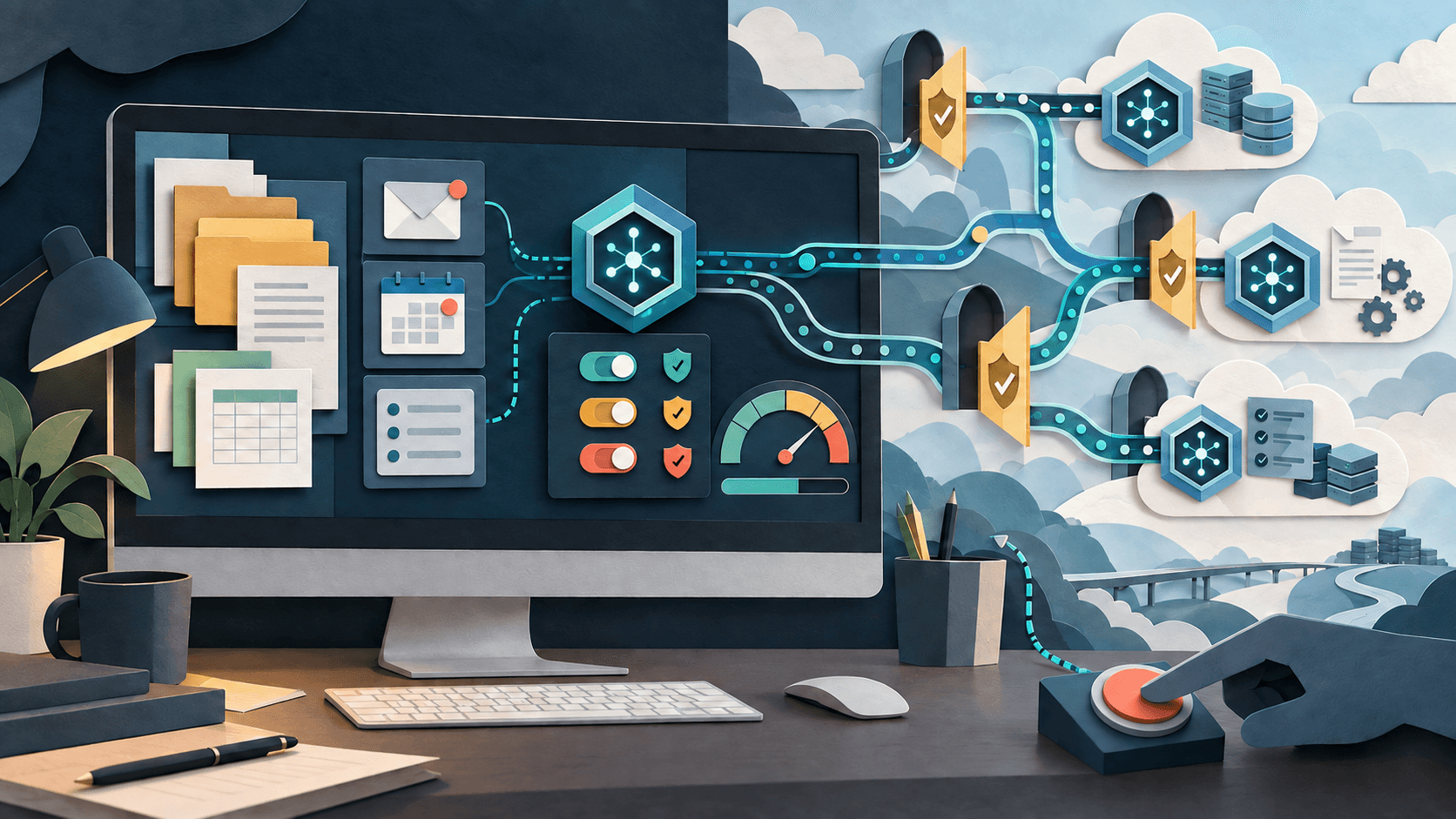 A desktop agent works through local and cloud permission layers Paper-cut desktop computer connected to documents, messages, cloud agents, permission switches, and a human approval panel