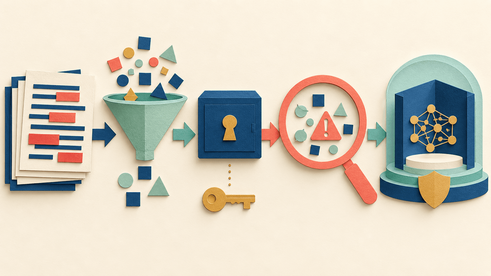research transcripts passing through masking, generalization, risk review, and approval Paper-cut editorial illustration of research transcripts passing through masking, generalization, risk review, and approval