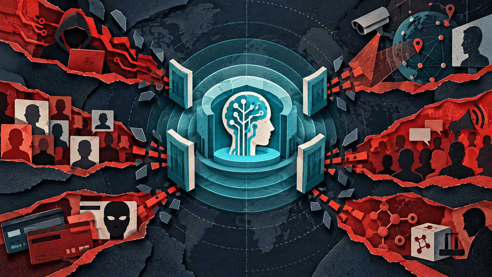 Threat pathways meet layered AI defenses Paper-cut protected AI core surrounded by blocked pathways representing surveillance, fraud, influence, and cyber misuse