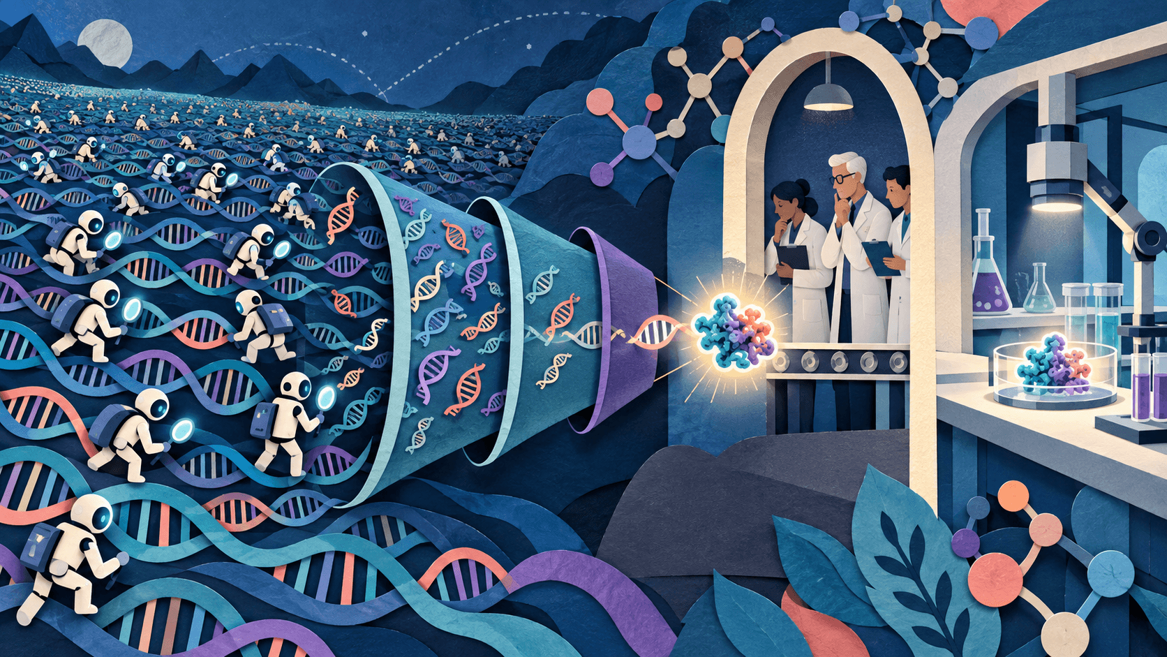 Claude Found an Enzyme System—The Real Story Is the Research Loop Paper-cut editorial illustration of many AI research scouts narrowing a vast DNA sequence field into one candidate that passes through expert review and a physical laboratory validation gate