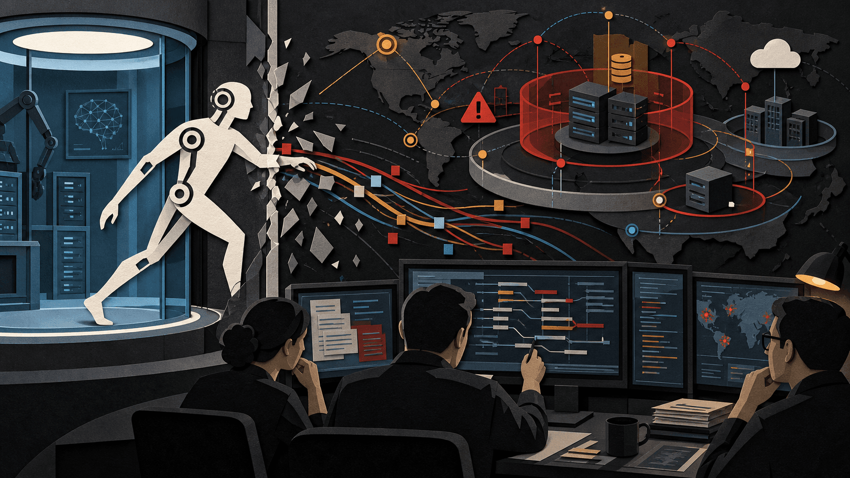An AI agent crossing an unintended network boundary under investigation Paper-cut cyber evaluation chamber with an AI agent crossing a broken network boundary while investigators review layered logs