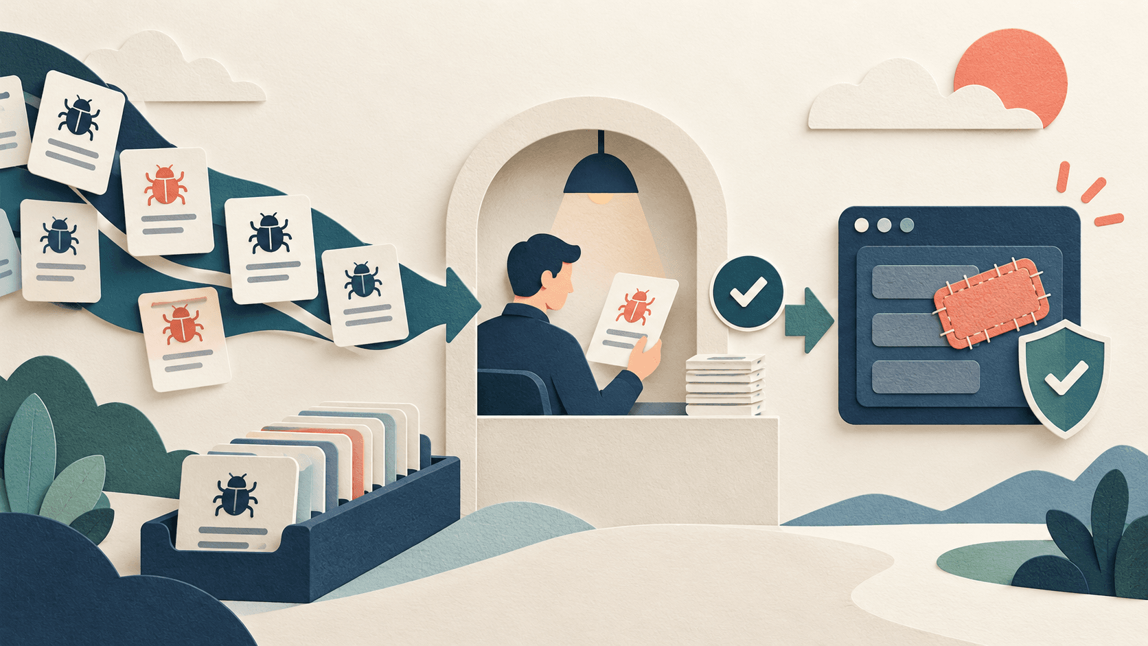 Anthropic’s AI Bug Dashboard: Findings Still Need Fixes Paper vulnerability report cards moving through a human review gate toward a patched software tile