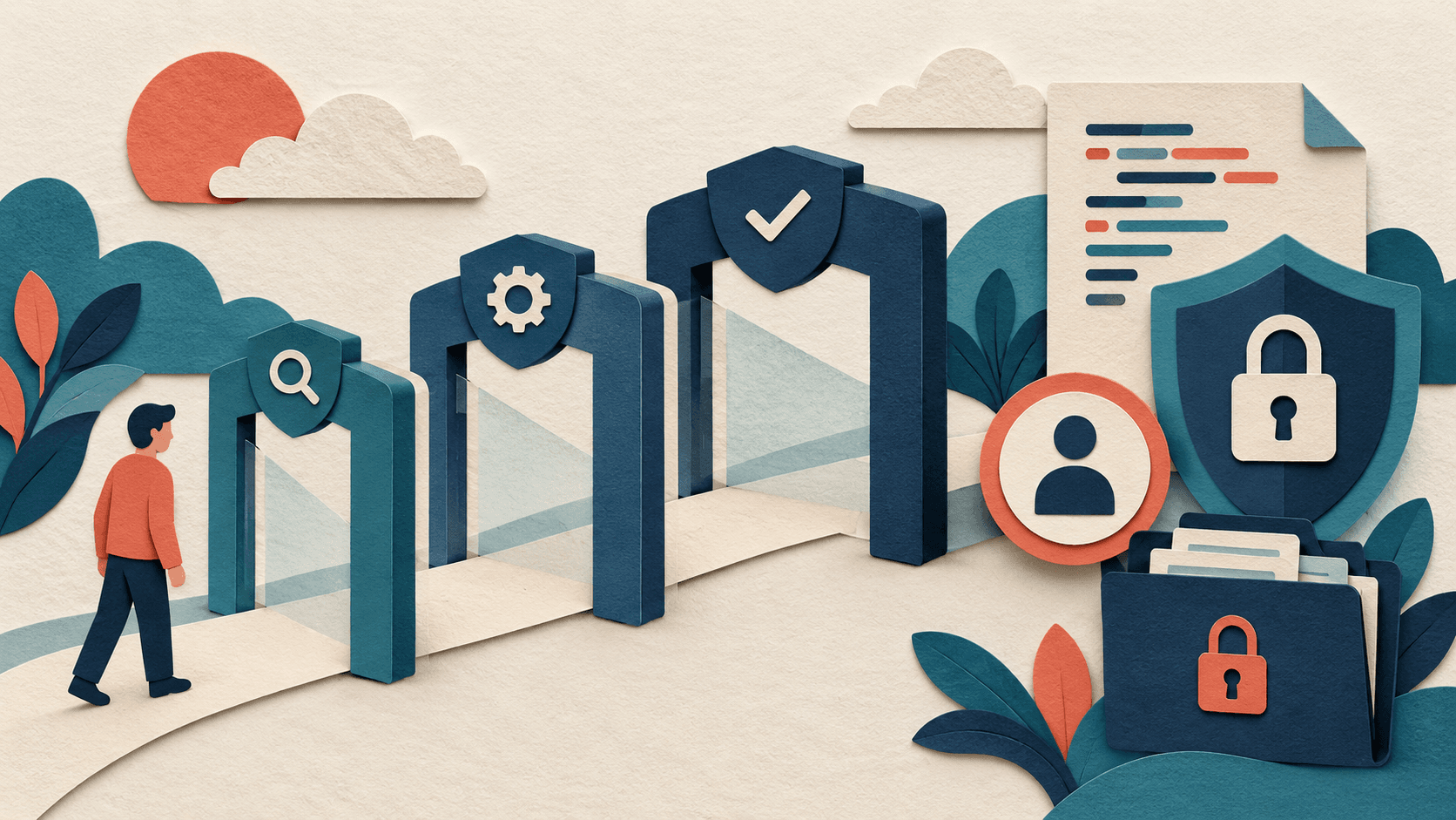 Anthropic Expands Cyber Access: Check the Tier and Data Rules Paper security gates beside a shield, code document, approval token, and locked log folder