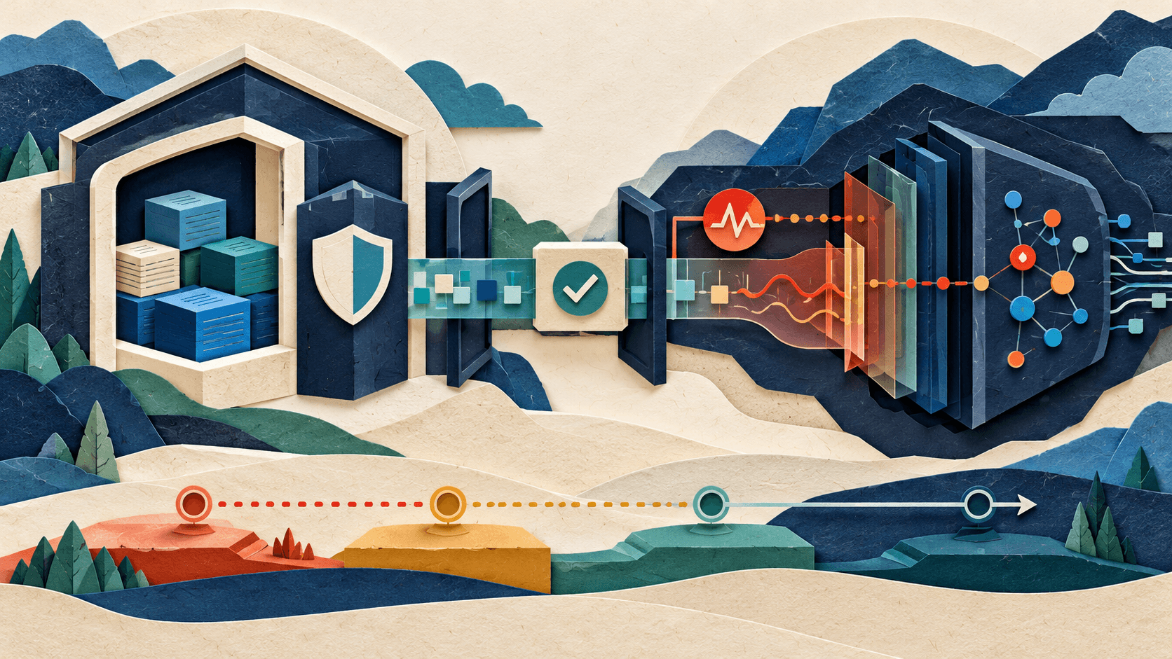 anthropic enterprise frontier safeguards 2026 Paper-cut editorial illustration of customer-controlled data storage connected to frontier-model misuse monitoring through a guarded, phased deployment path