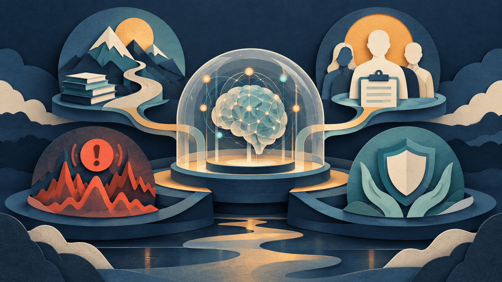 Anthropic Proposes Metrics for Tracking AI Lab Progress Abstract paper-cut editorial illustration of a transparent frontier laboratory dashboard balancing AI research progress, human review, incidents, and safeguards