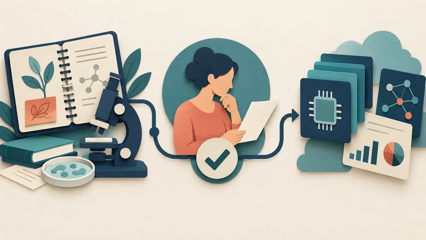 Anthropic’s $150M Genesis Commitment: Access vs Results A research notebook and microscope connected to computing cards through a review checkpoint