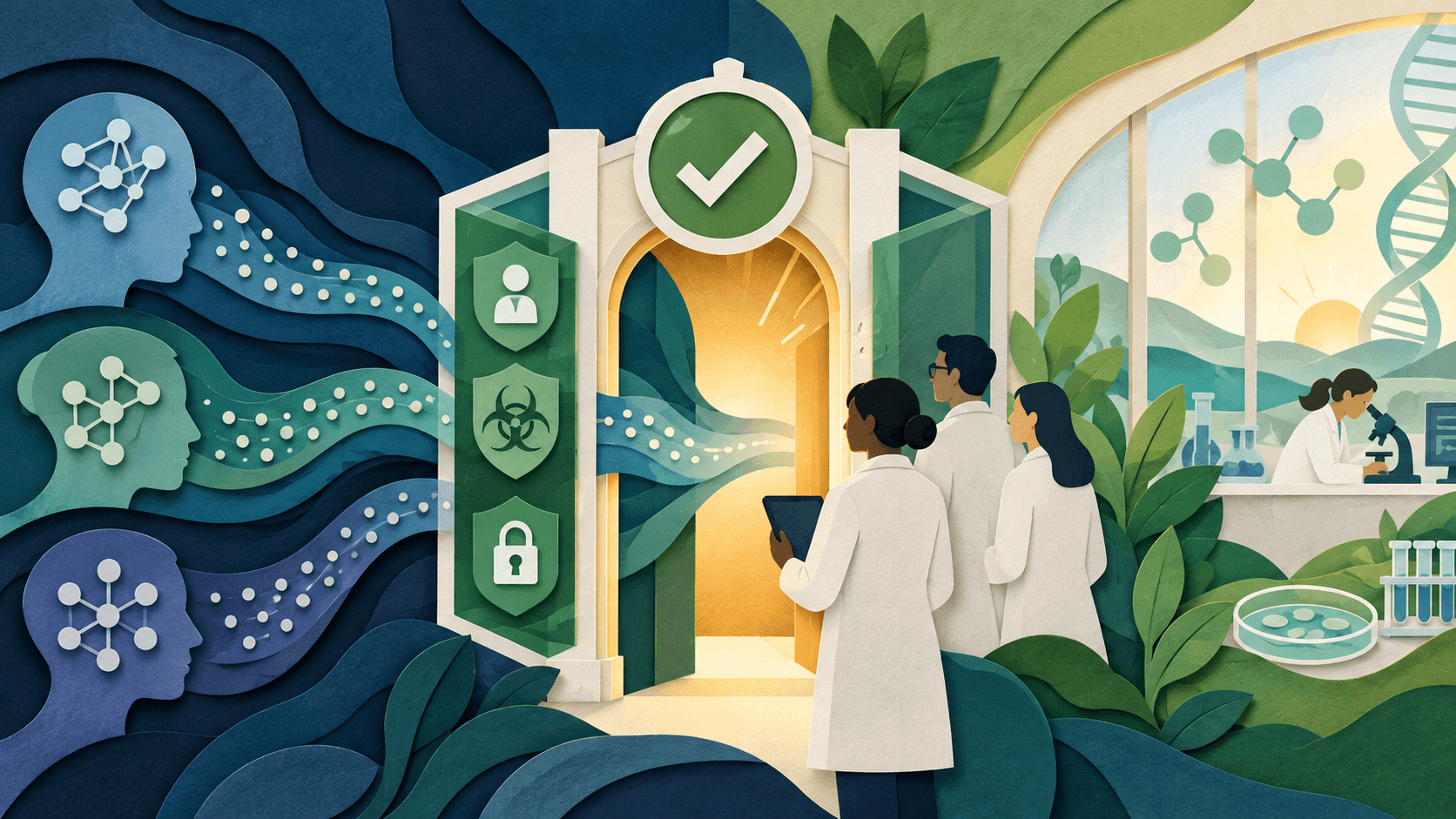 Anthropic Opens Verified AI Access for Life Sciences Abstract paper-cut editorial illustration of a verified gateway connecting AI models to biology research under credential, biosafety, privacy, and human-validation controls