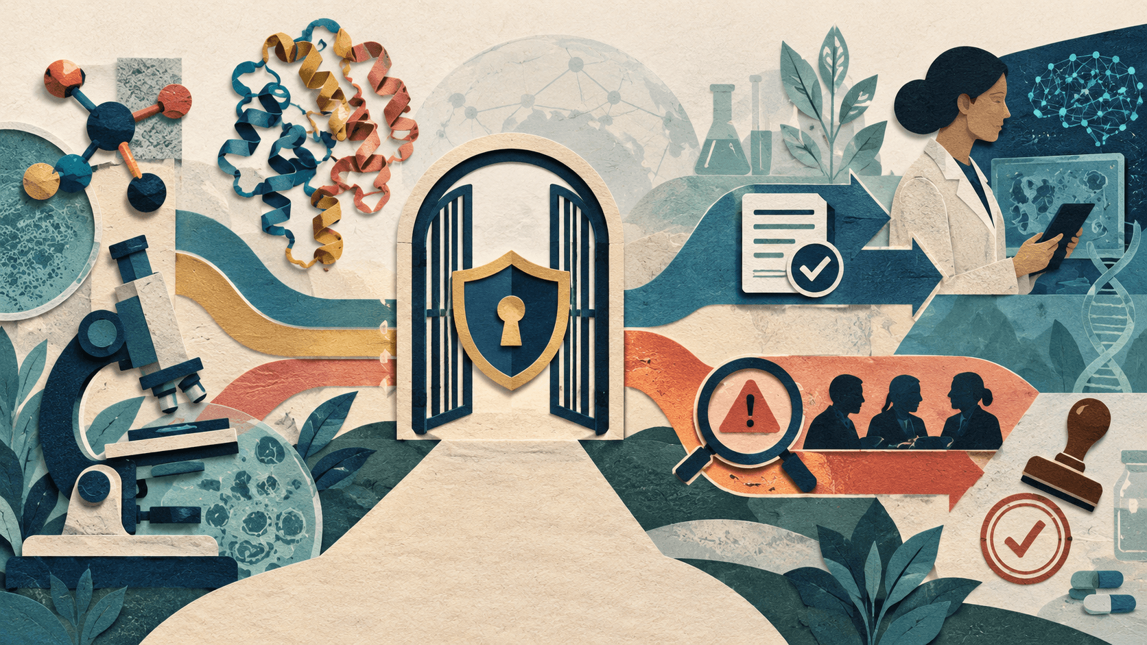 anthropic life sciences verification program 2026 Paper-cut editorial illustration of verified life-sciences access moving through identity, project-scope, safeguard, and human-oversight gates