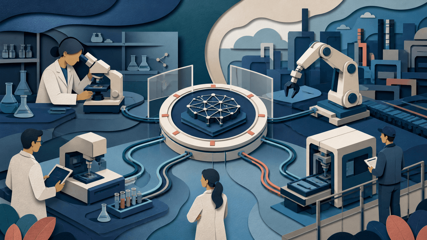Model Hardware Standard connecting AI to physical devices Paper-cut laboratory and factory with a guarded central AI adapter connected to microscopes, machines, and a robot arm