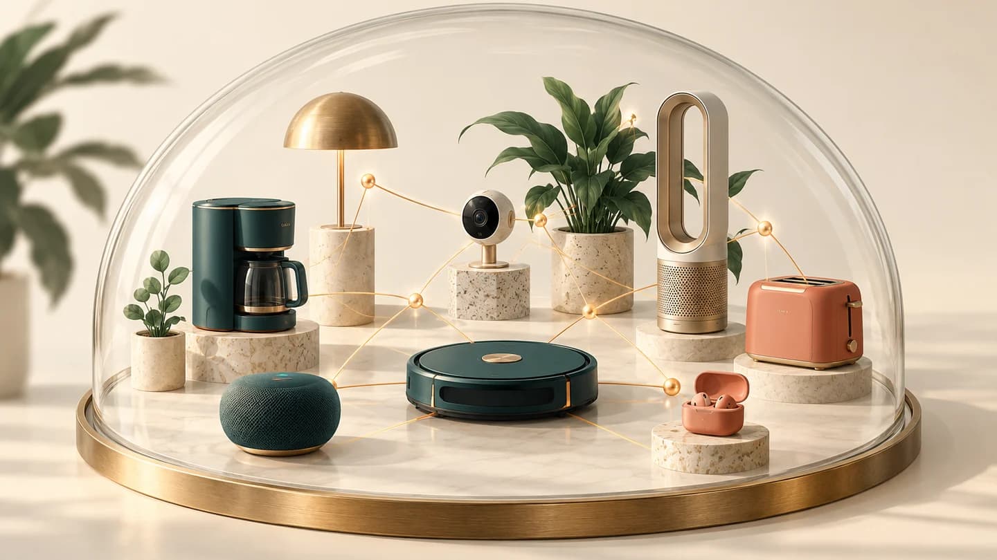 Small household electronics connected by subtle network threads contained within a glass boundary