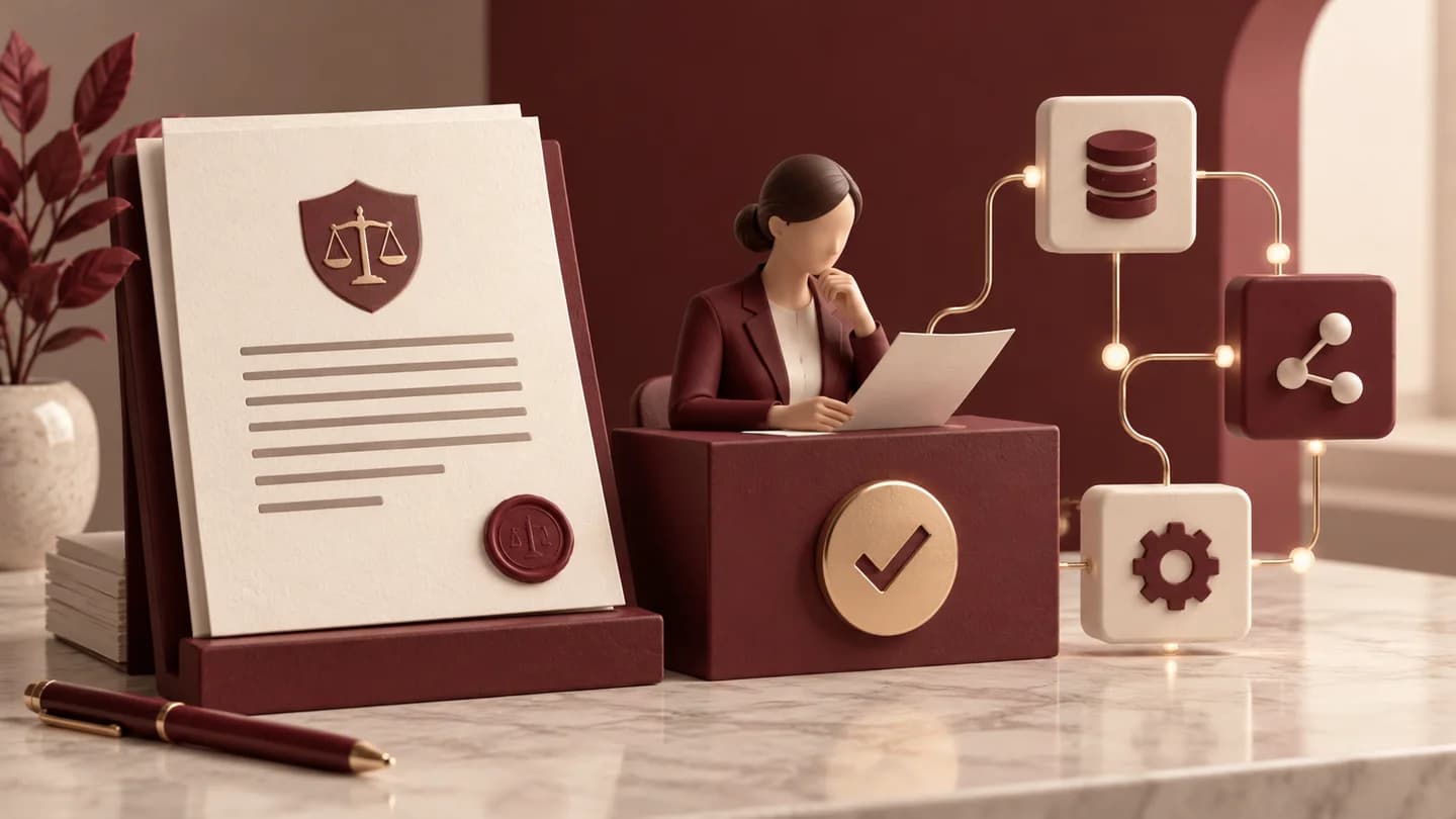 A policy document and human review checkpoint beside software nodes