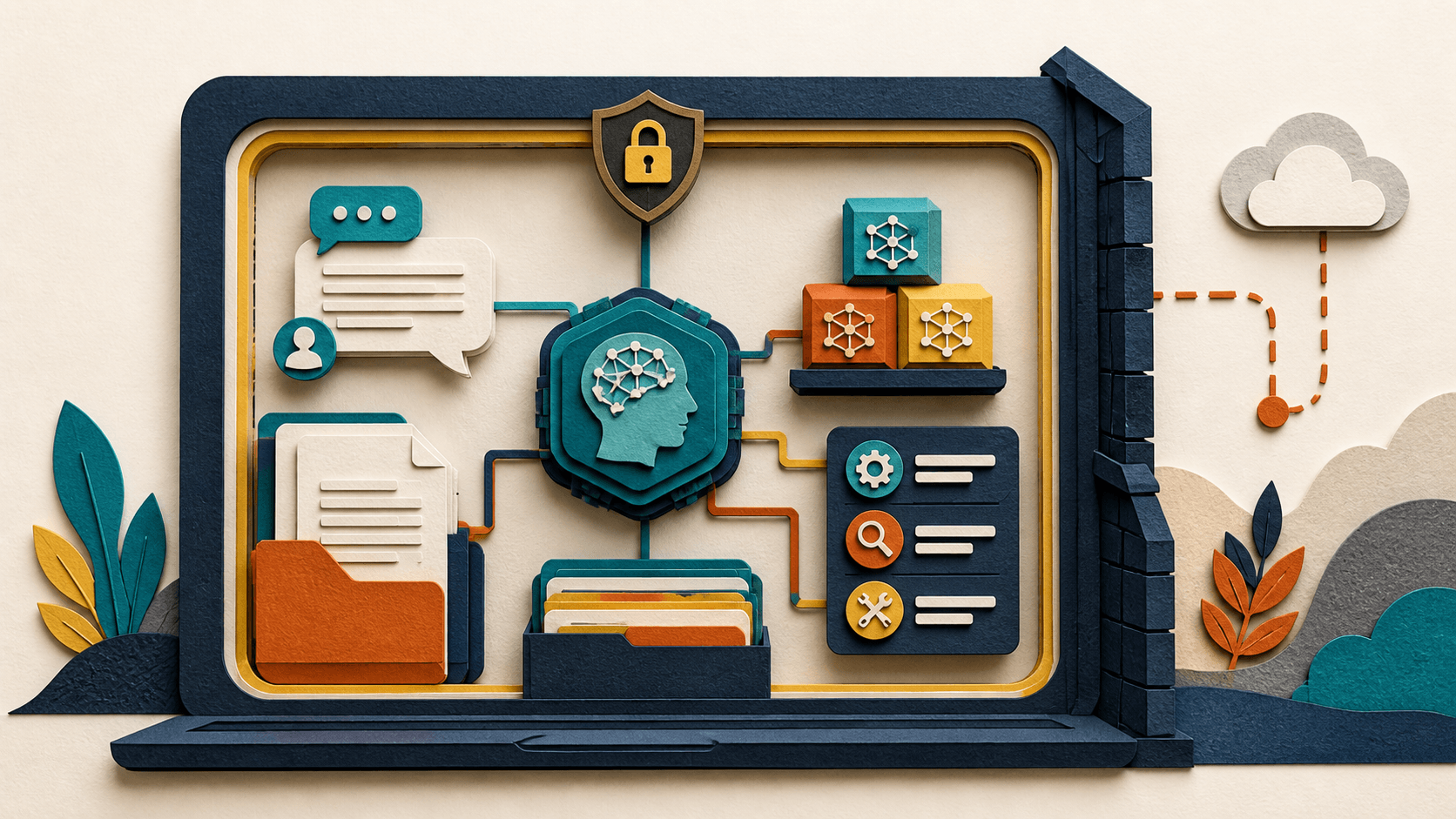 AnythingLLM Review 2026: Local AI, Cloud Pricing, Privacy, and Fit Paper-cut illustration of documents, AI models, and agent tools operating inside a protected local computer boundary