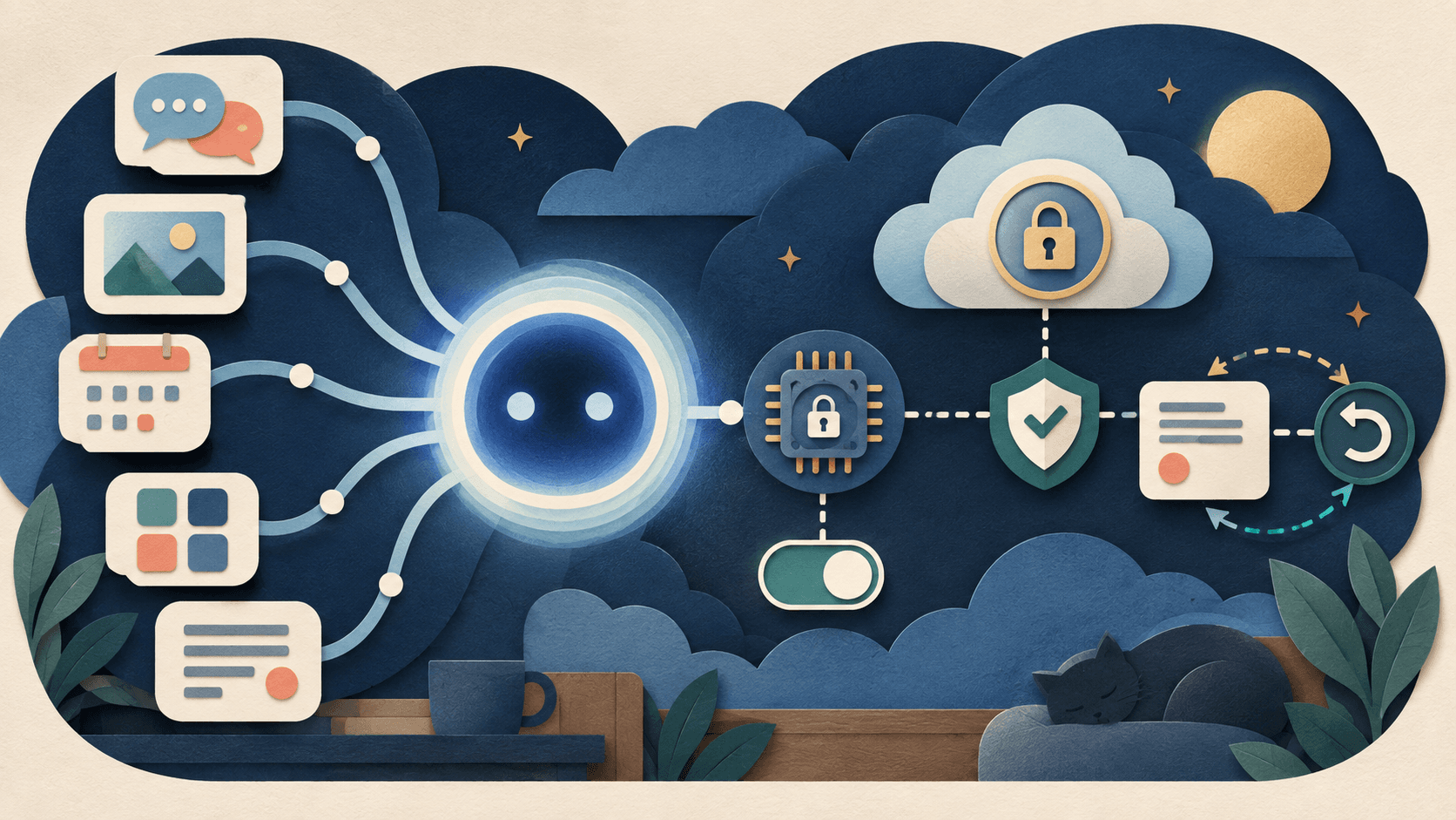 Apple Launches Siri AI With Personal Context and App Actions Paper-cut editorial illustration of a private personal assistant connecting messages, photos, apps, and an onscreen task through device and cloud privacy checkpoints