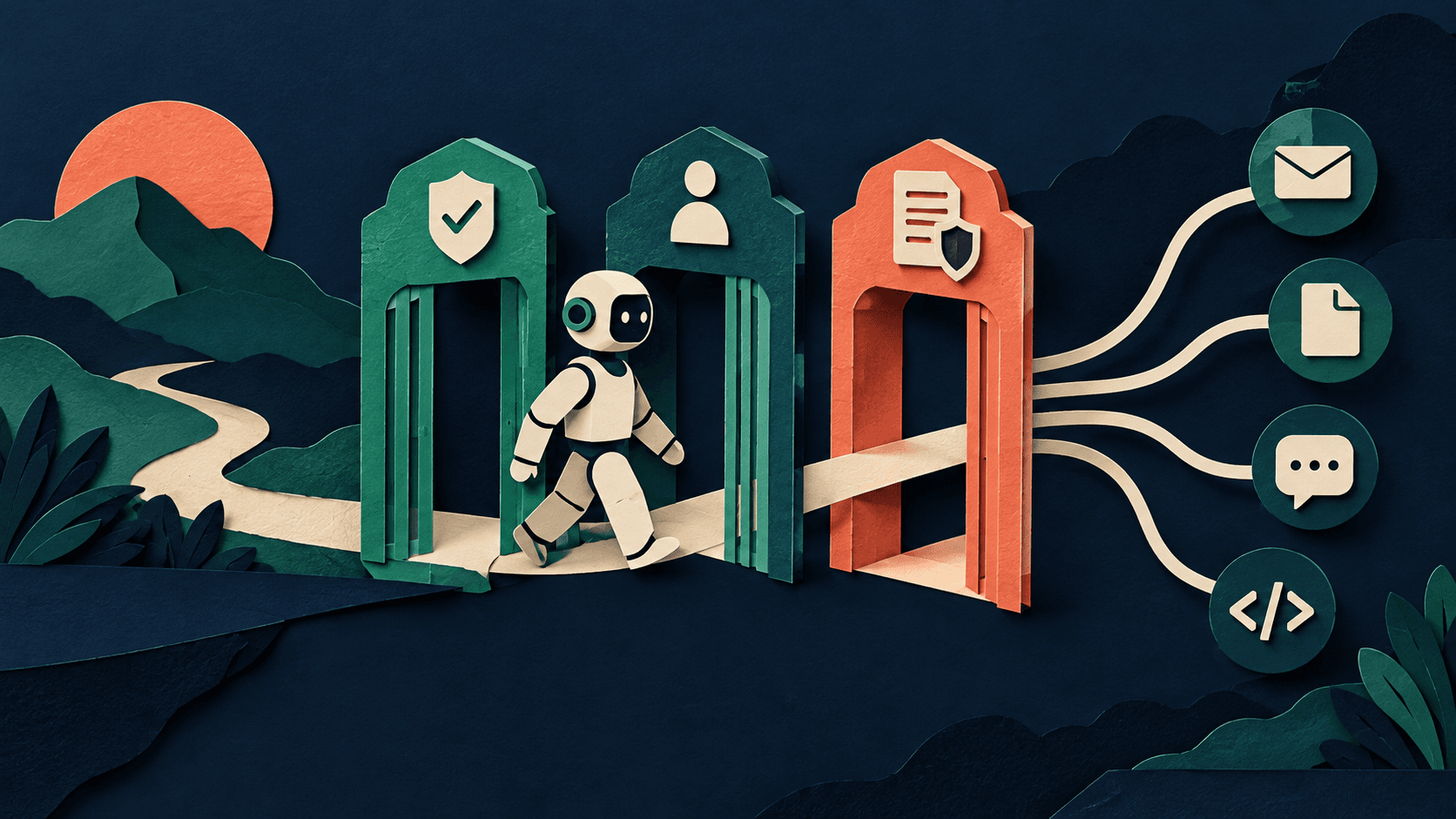 Arcade Review 2026: Agent Authorization, Tools, and Pricing Paper-cut agent passing through consent and policy gates before using connected business tools