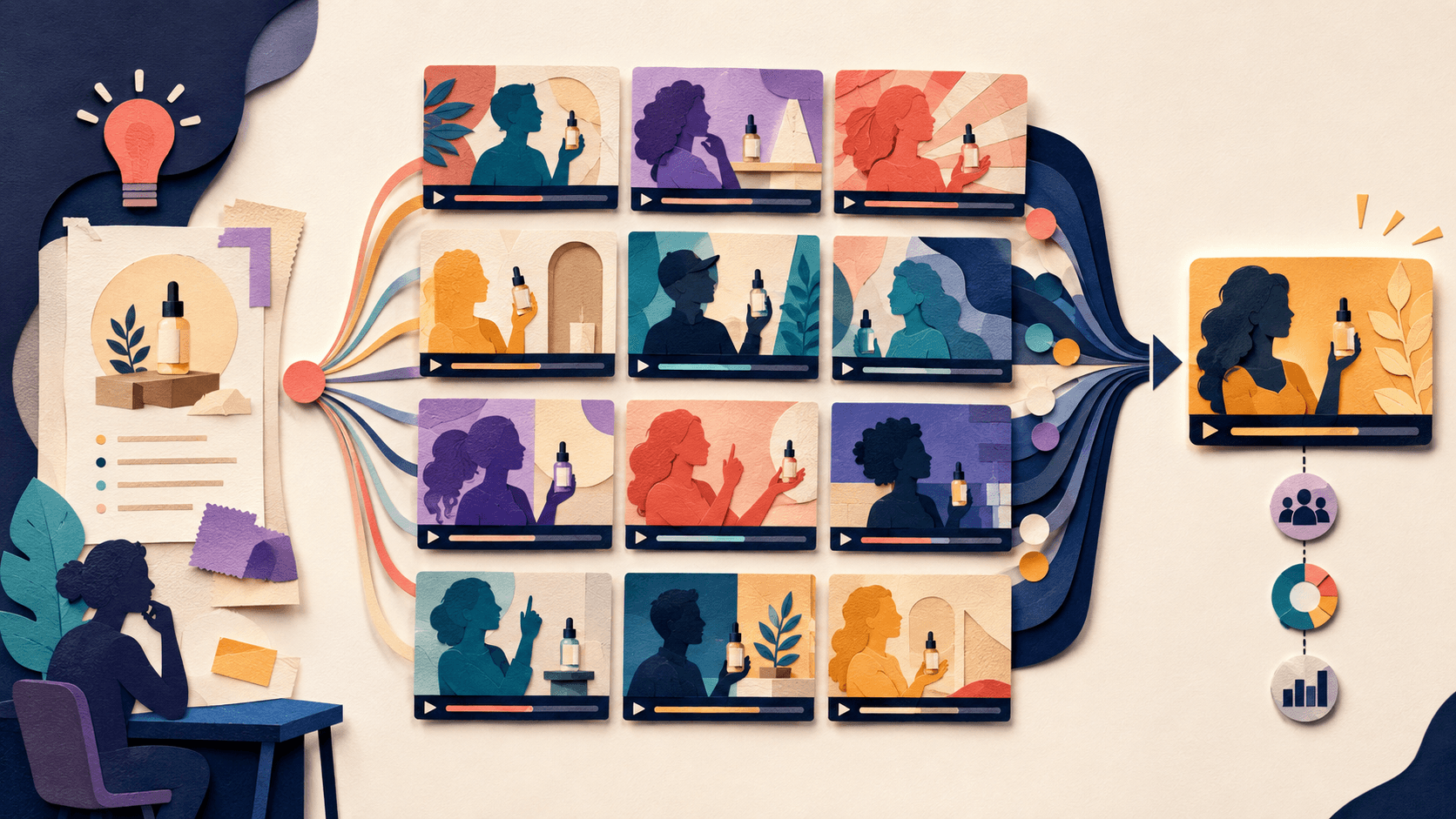 Arcads AI Review 2026: UGC Video Ads, Actors, and Pricing Paper-cut creative studio expanding one product brief into many presenter-led video ad variants and one measured winner