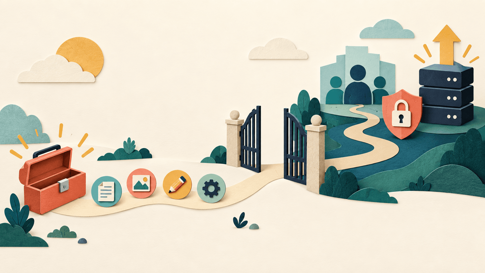 A free AI starter toolbox reaching a clear operational boundary Paper-cut illustration of an open free AI toolbox completing basic tasks before a boundary marked by team controls and capacity