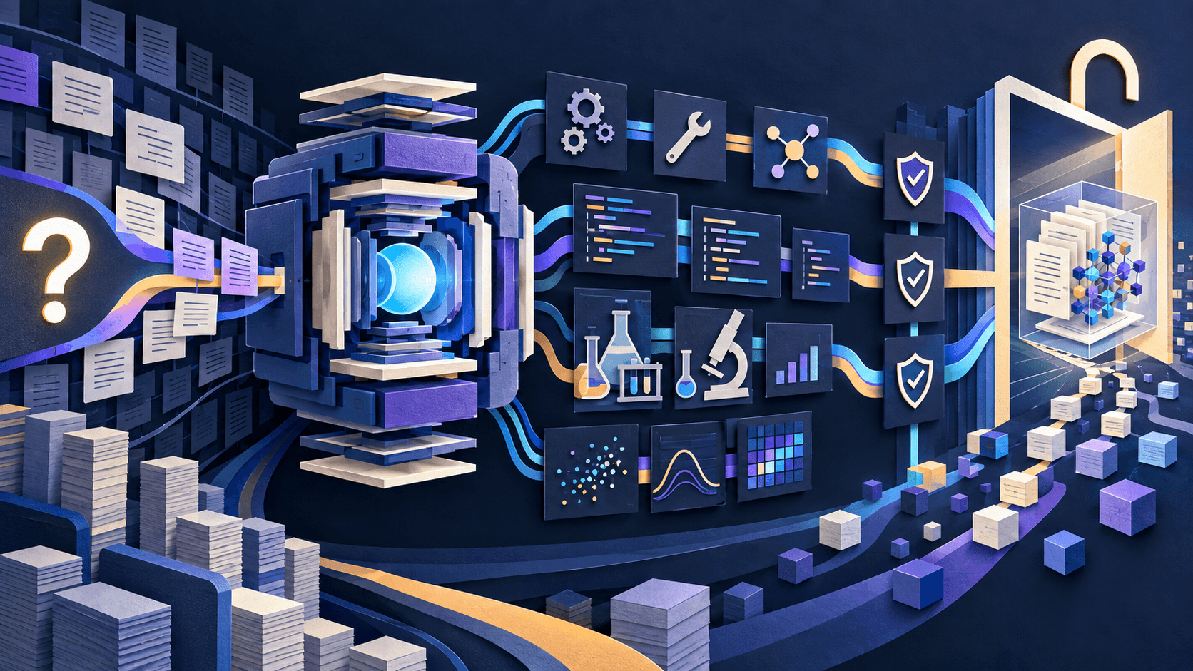 An open agent moves from question to verifiable artifact Paper-cut research question passing through a large model core, tools, code, experiments, verification gates, and an inspectable result
