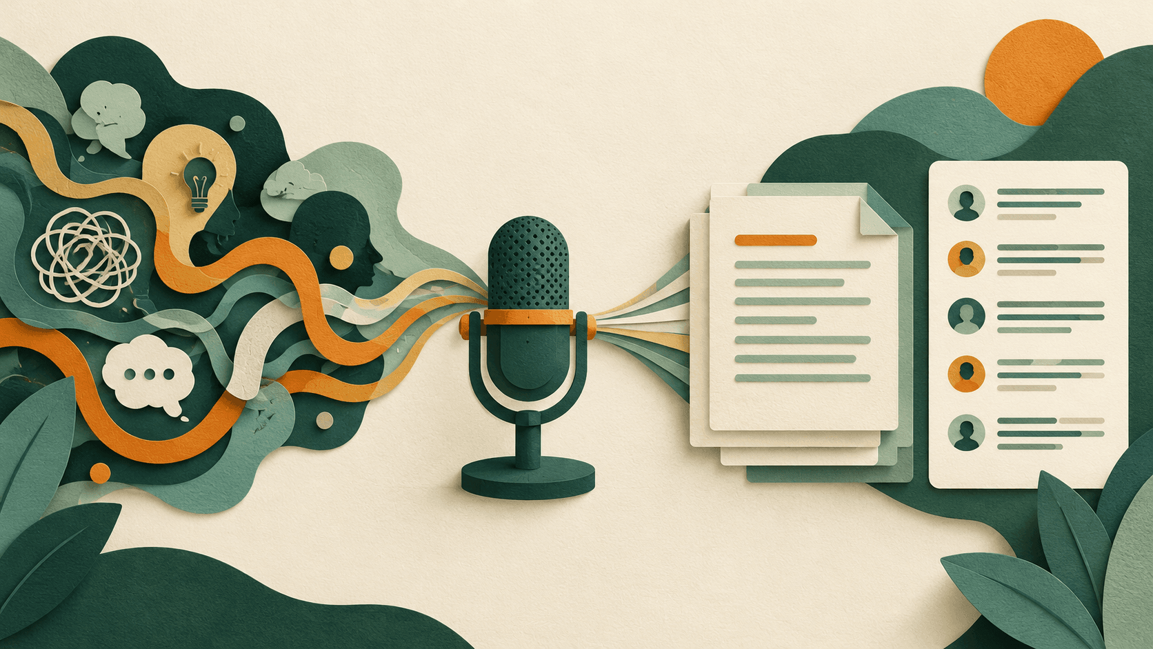 AudioPen Review 2026: Voice Drafts, Pricing, and Privacy A microphone turning winding thoughts into an orderly draft beside its transcript