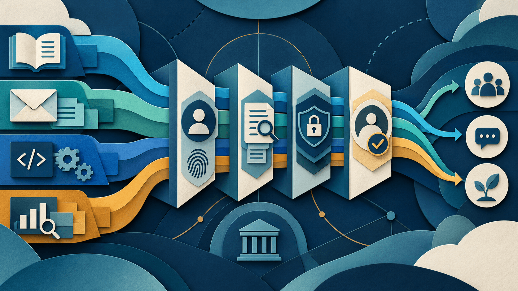 barclays claude enterprise rollout 2026 Paper-cut editorial illustration of regulated banking workflows passing through identity, evidence, security, and human-approval gates before reaching customer outcomes