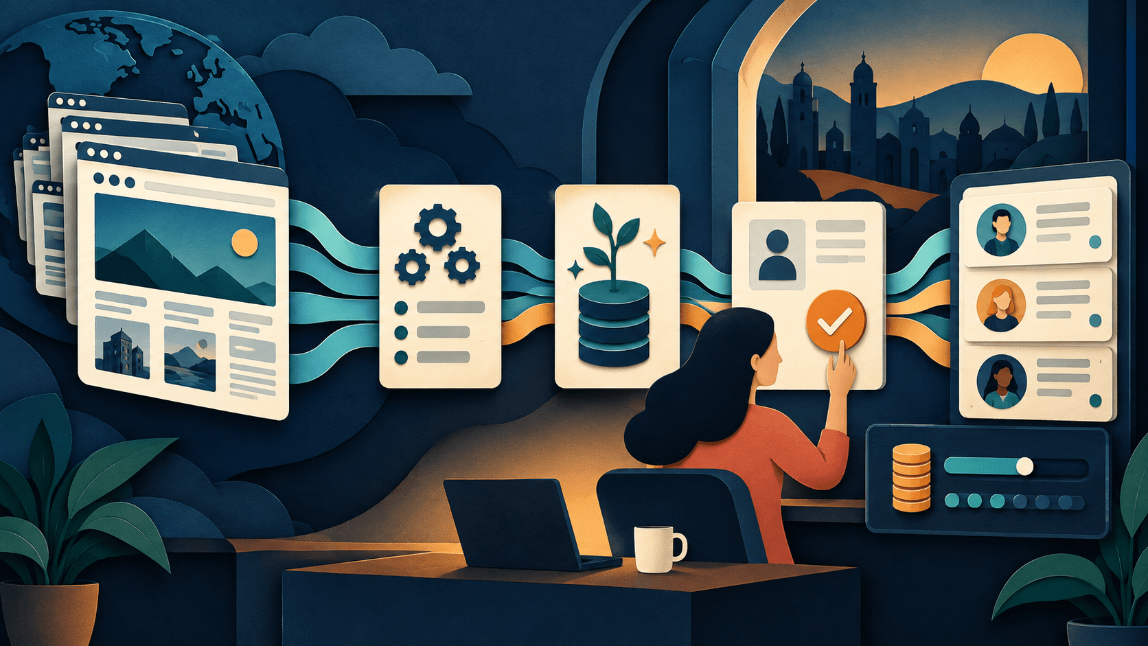 Bardeen Review 2026: AI Automation, Pricing, and Limits Paper-cut editorial illustration of browser research flowing through extraction, enrichment, human approval, and a CRM with visible credit controls