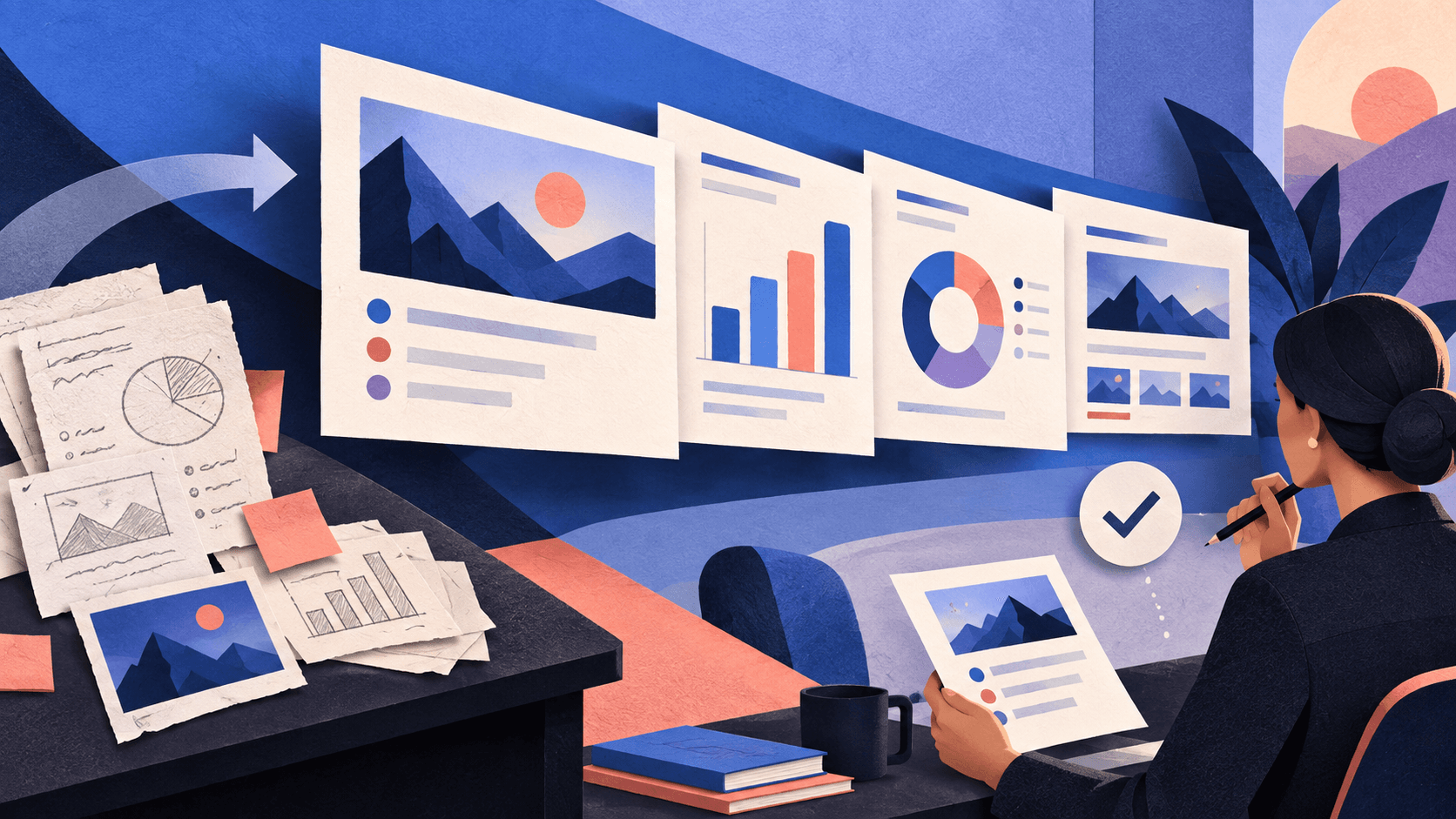 beautiful ai review 2026 Paper-cut editorial illustration of rough notes and charts becoming a consistent presentation before a human factual-review gate
