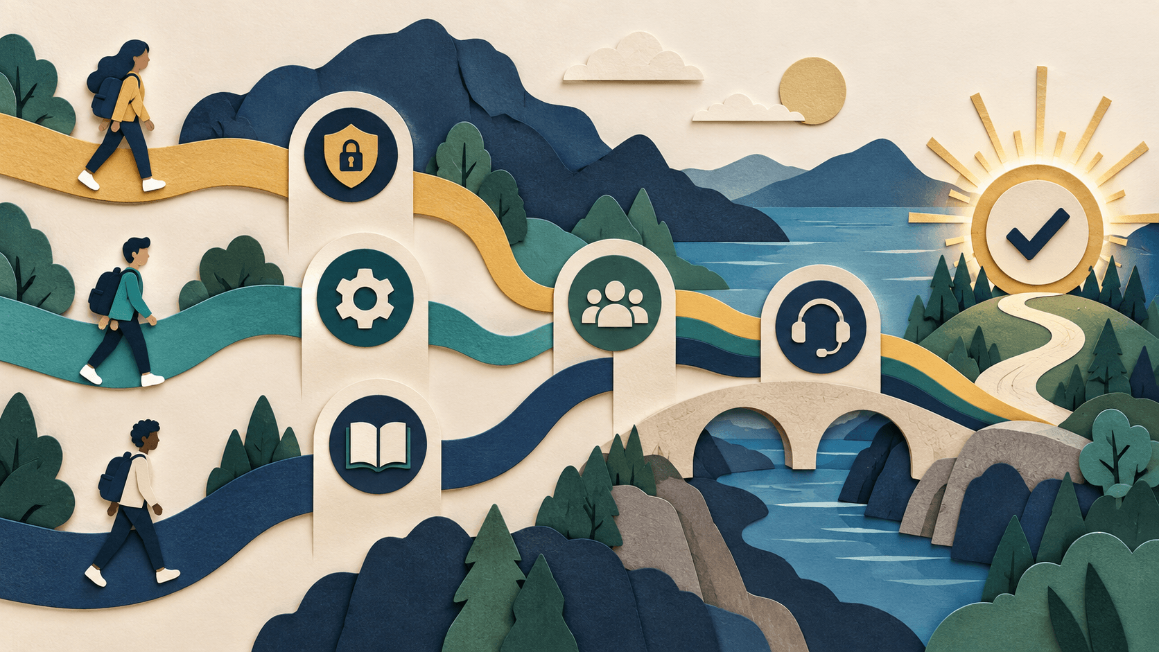 Best AI Agents for Customer Onboarding: A Buyer Guide Paper-cut editorial illustration of customer onboarding paths converging on verified activation with approval privacy and escalation checkpoints