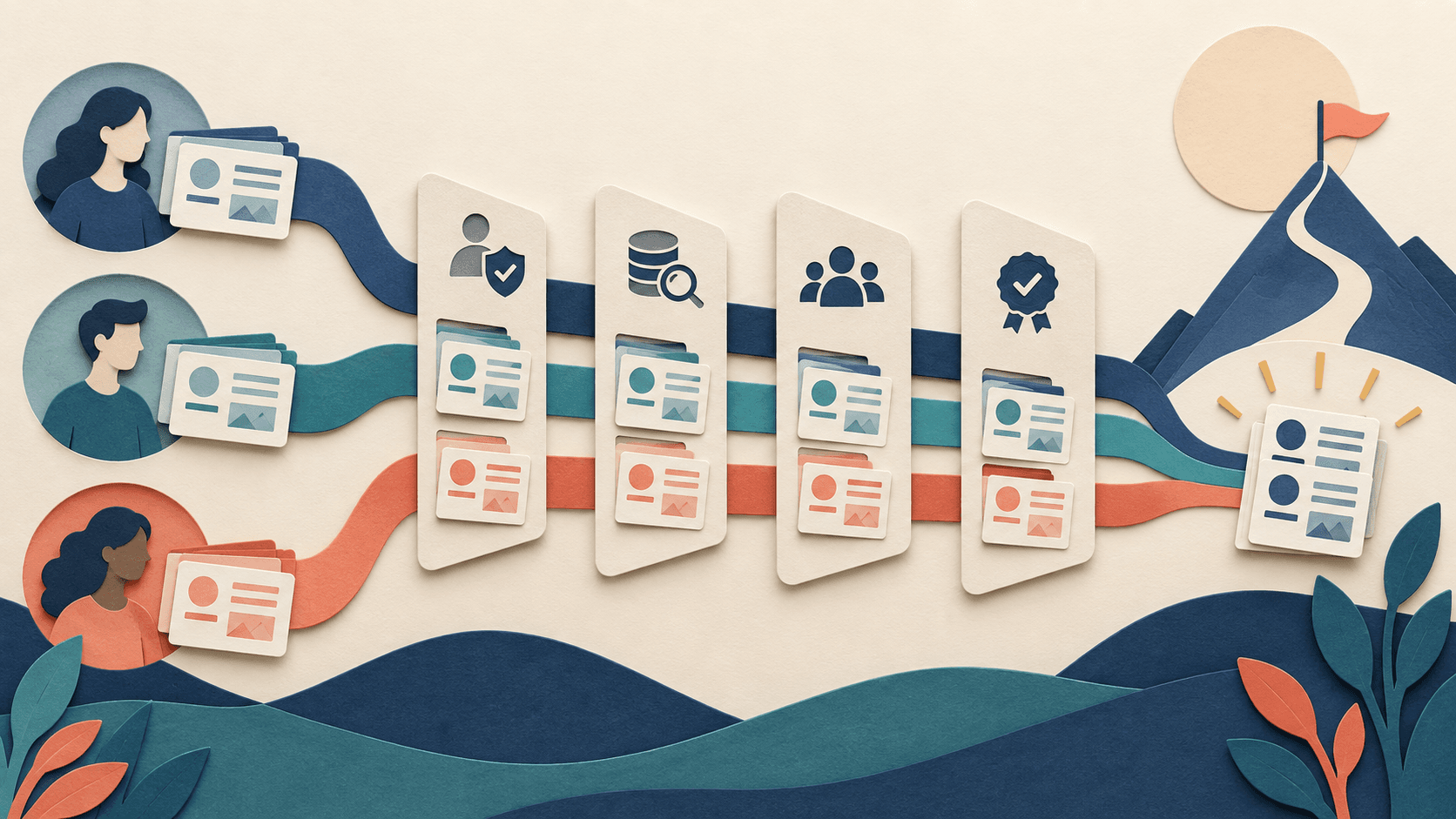 Best AI Agents for Lead Qualification: A Buyer Guide Paper-cut editorial illustration of three qualification agents sorting evidence-backed leads through consent CRM and sales approval gates