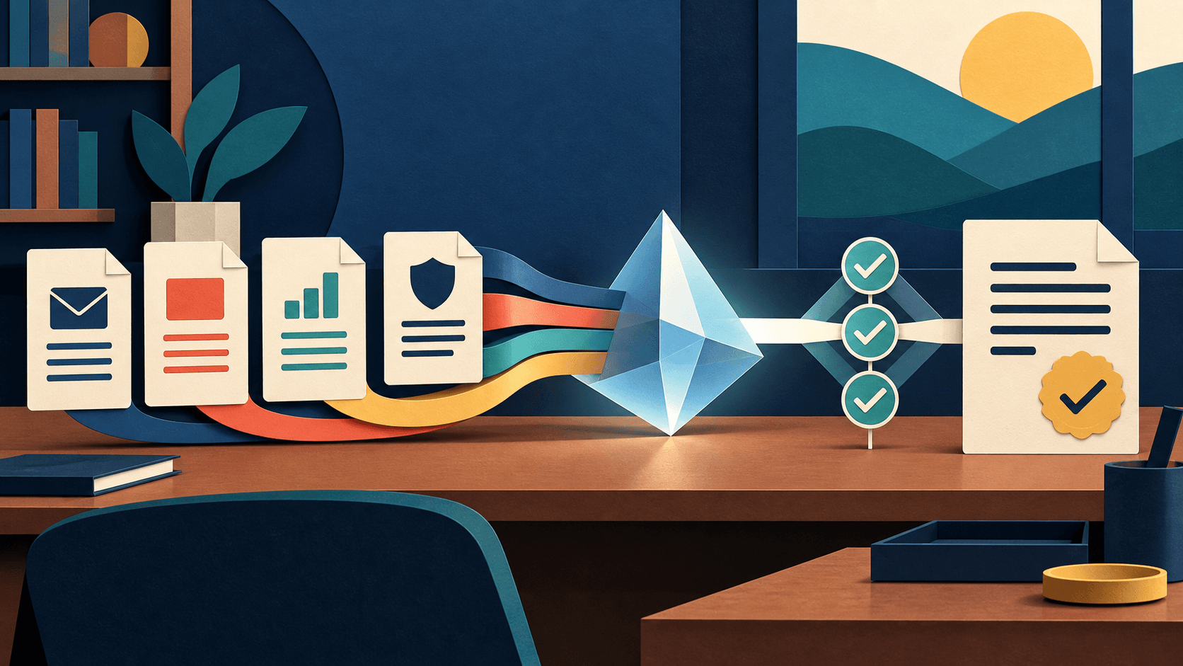 Business documents move through an AI-assisted editorial desk Abstract paper-cut desk with email, proposal, report, and policy documents moving through AI drafting, fact checking, and human approval