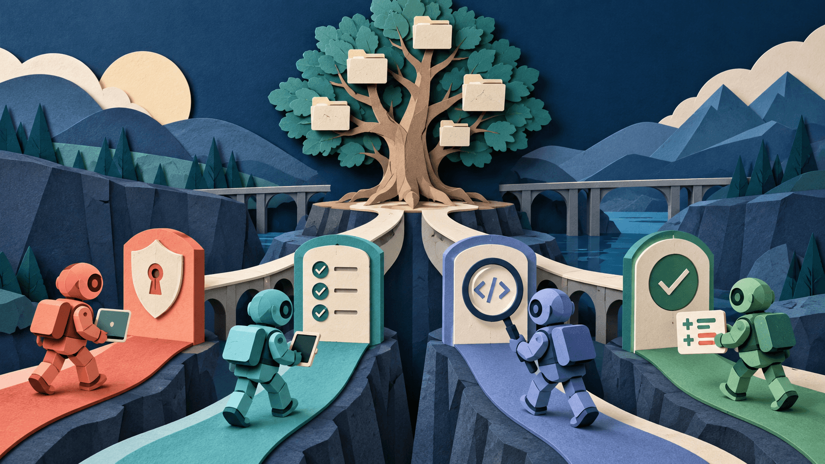 Best AI Coding Agents for Existing Codebases in 2026 Paper-cut editorial illustration of four coding agents entering one mature repository through tests permissions and accepted-diff gates