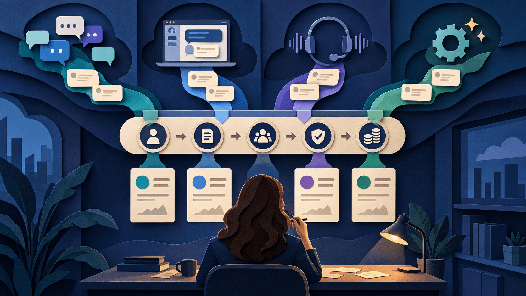 Best AI support agents for B2B SaaS Paper-cut illustration comparing four B2B SaaS support paths through account context, evidence, escalation, resolution, and cost gates