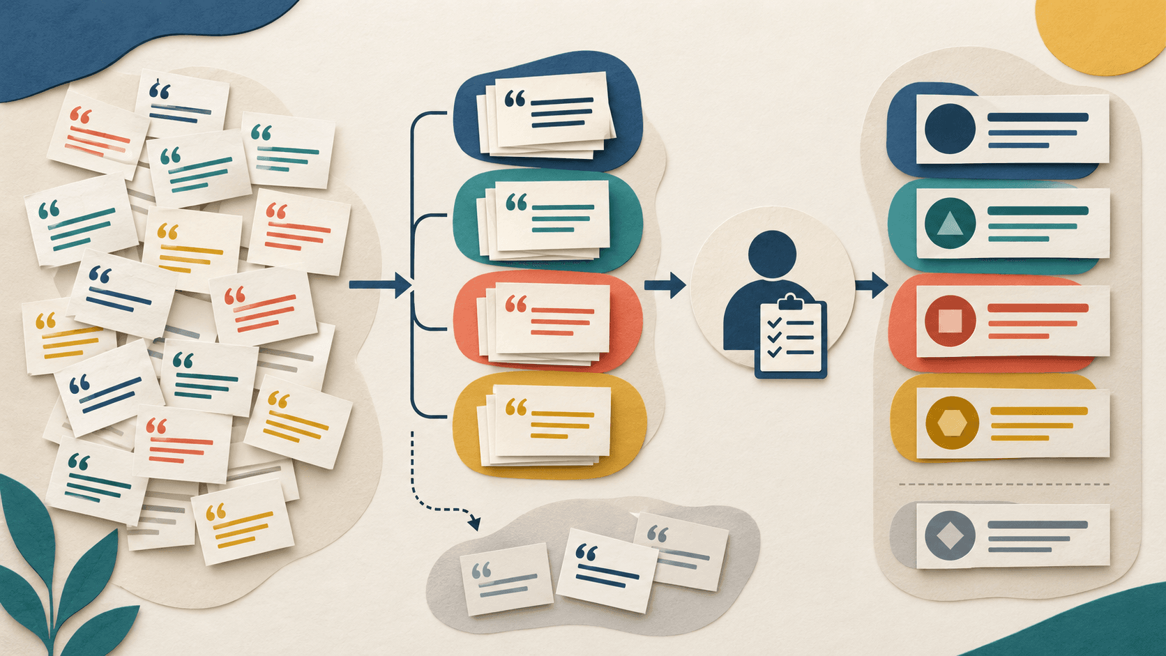 qualitative research tools compared around a source-linked evidence board Paper-cut editorial illustration of qualitative research tools compared around a source-linked evidence board