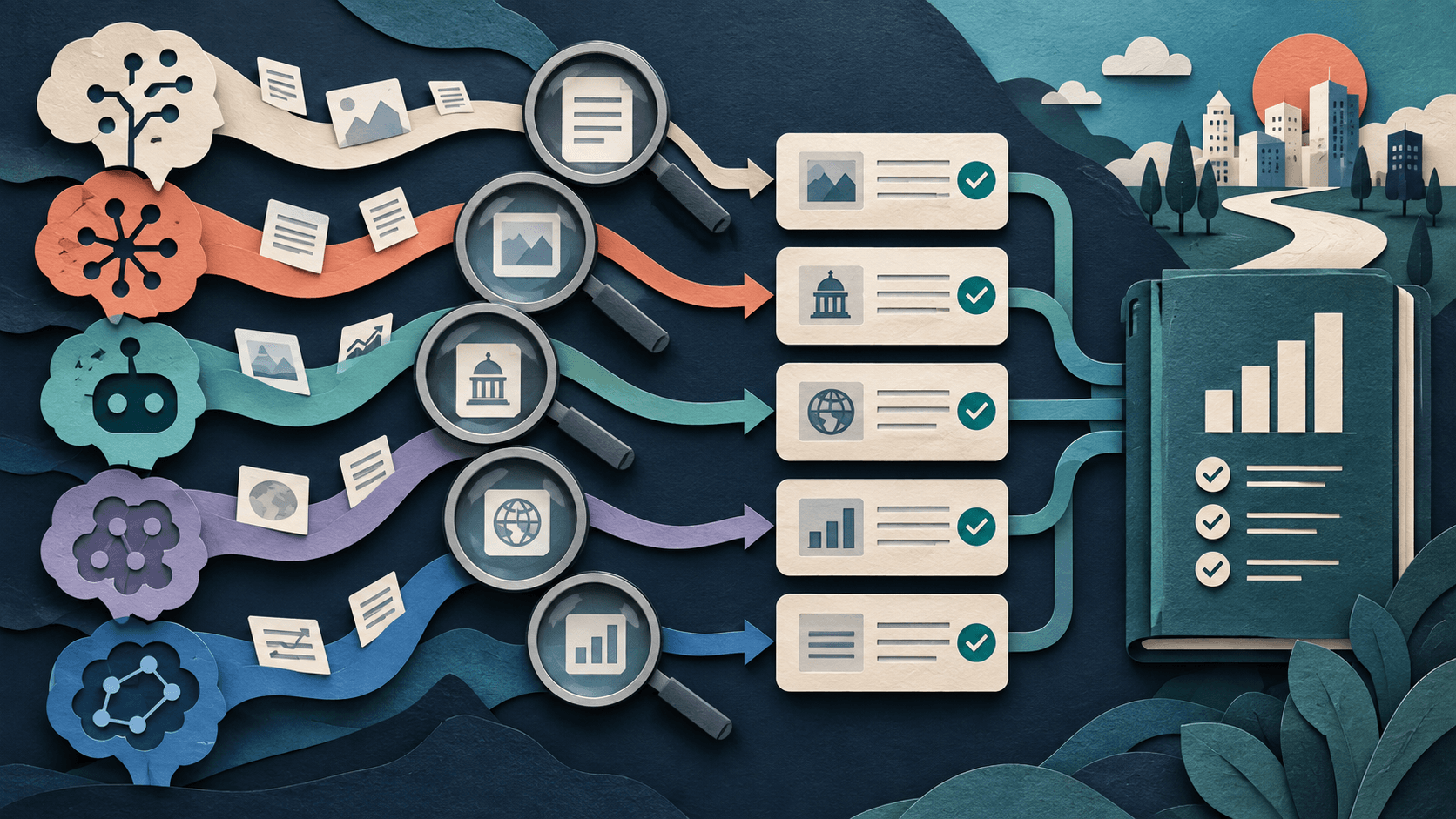 Best AI Visibility Tools: A Buyer-First Shortlist for 2026 Paper-cut editorial illustration of answer engines feeding verifiable citations and business outcomes into one decision board