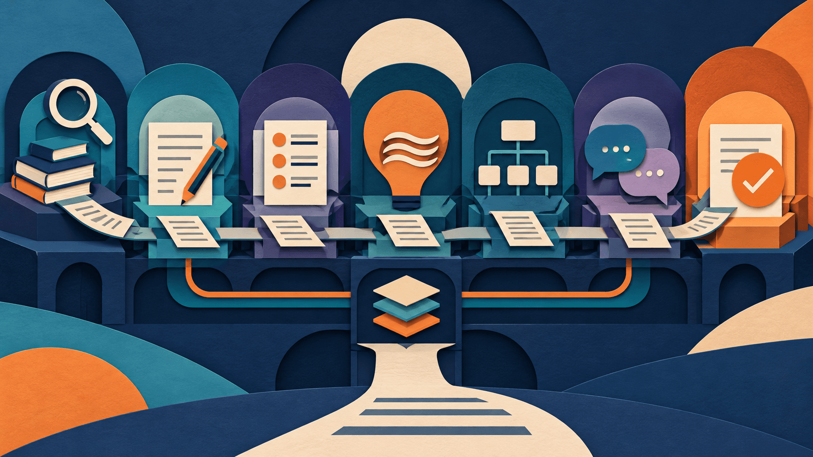 Writing tools arranged by the job they perform Abstract paper-cut writing studio with separate stations for research, drafting, editing, brand voice, SEO, collaboration, and approval