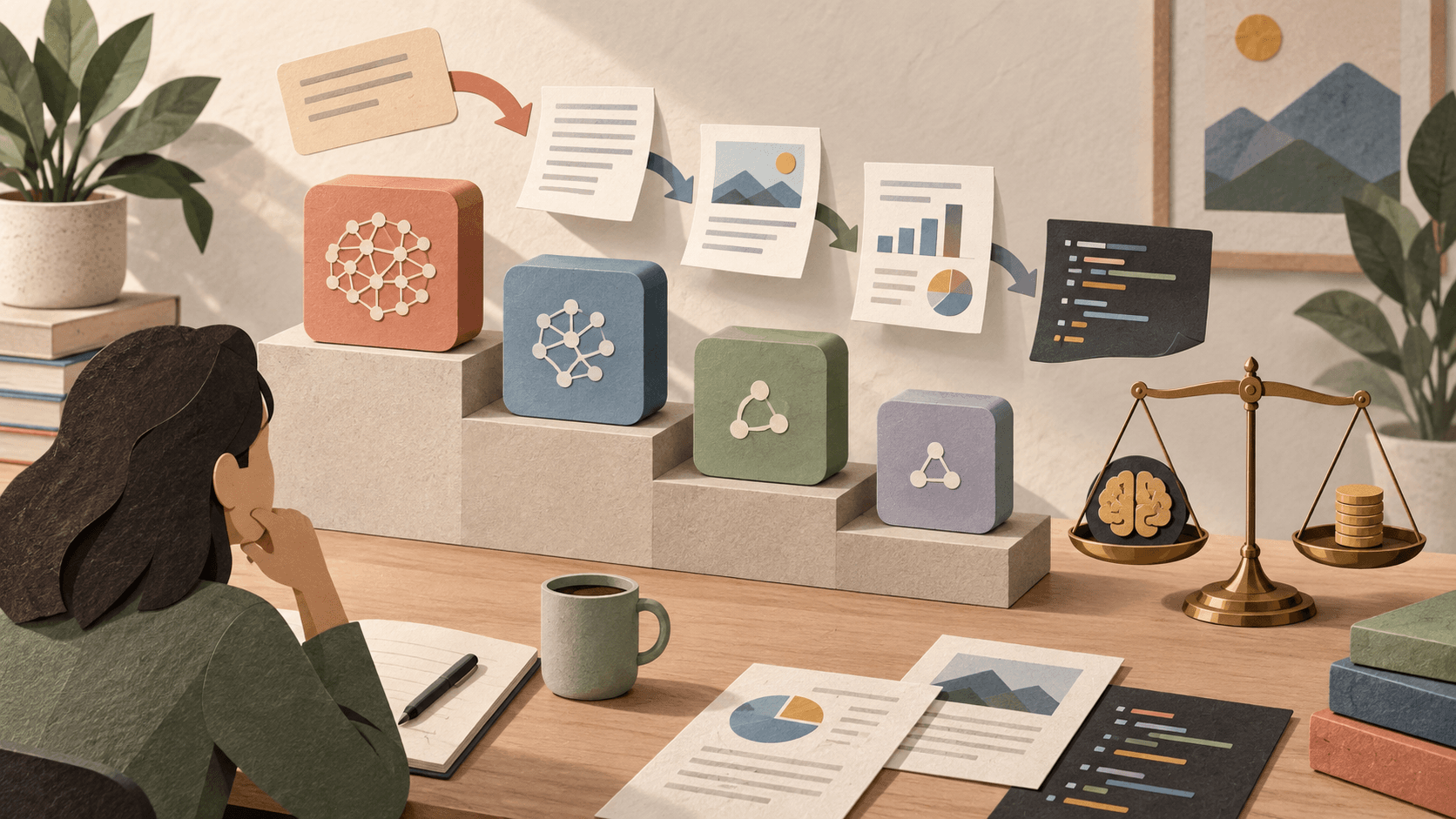 Comparing low-cost AI models by useful work and total cost Layered paper-cut editorial illustration of four compact AI models on a cost staircase producing documents, analysis, and code beside a value scale