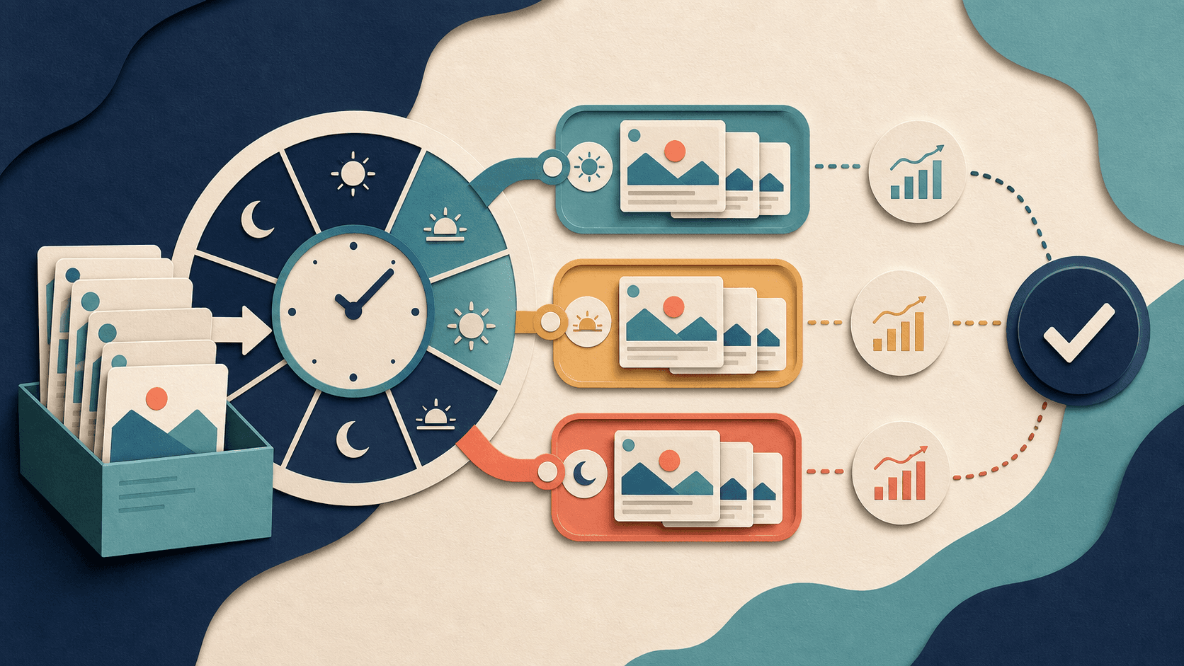 Best time to post social media data test Editorial illustration of comparable social posts rotating through three weekly time windows before an outcome-based decision checkpoint