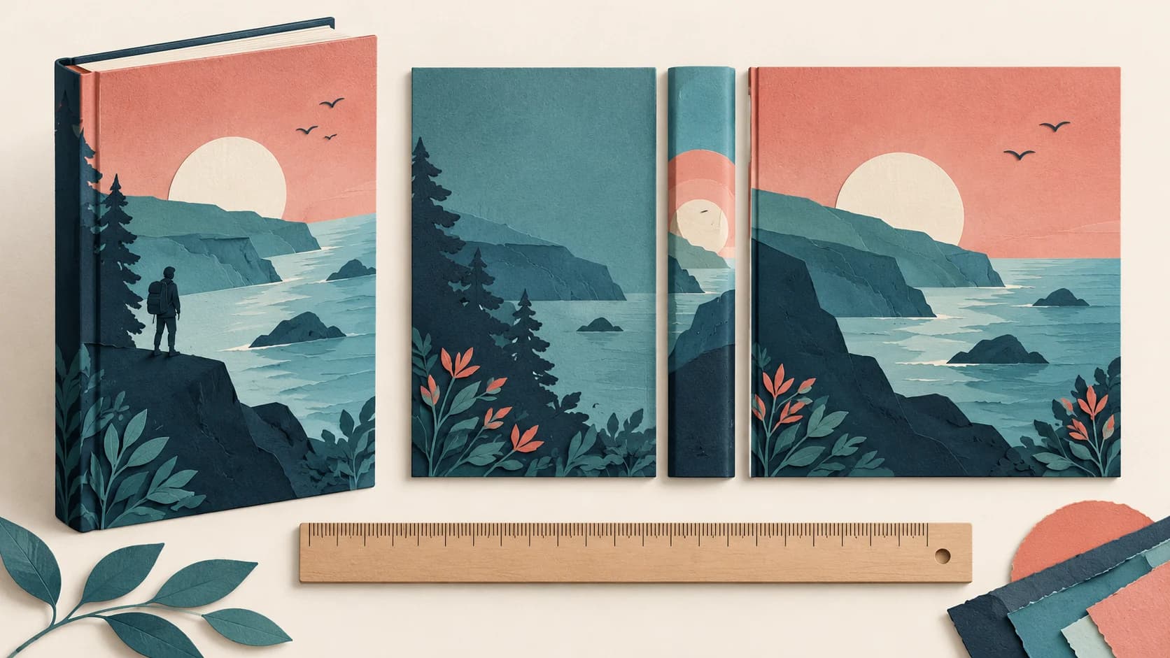 An illustrated book beside a flat cover layout and measuring ruler