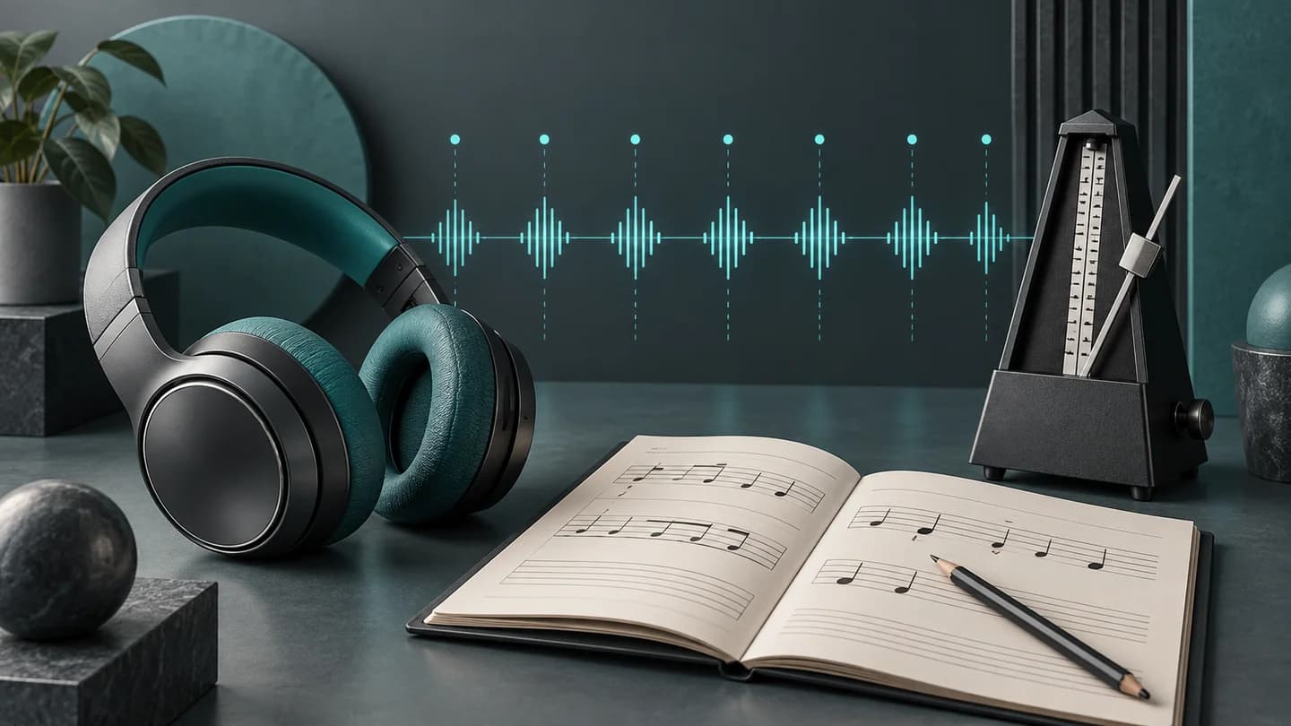 Headphones, a metronome and an audio waveform with beat markers