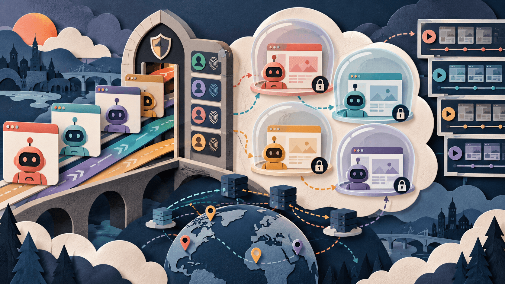 Browserbase Review 2026: Browser Agents, Pricing, and Reliability Paper-cut editorial concept showing browser agents moving through isolated sessions, identity gates, and replay traces