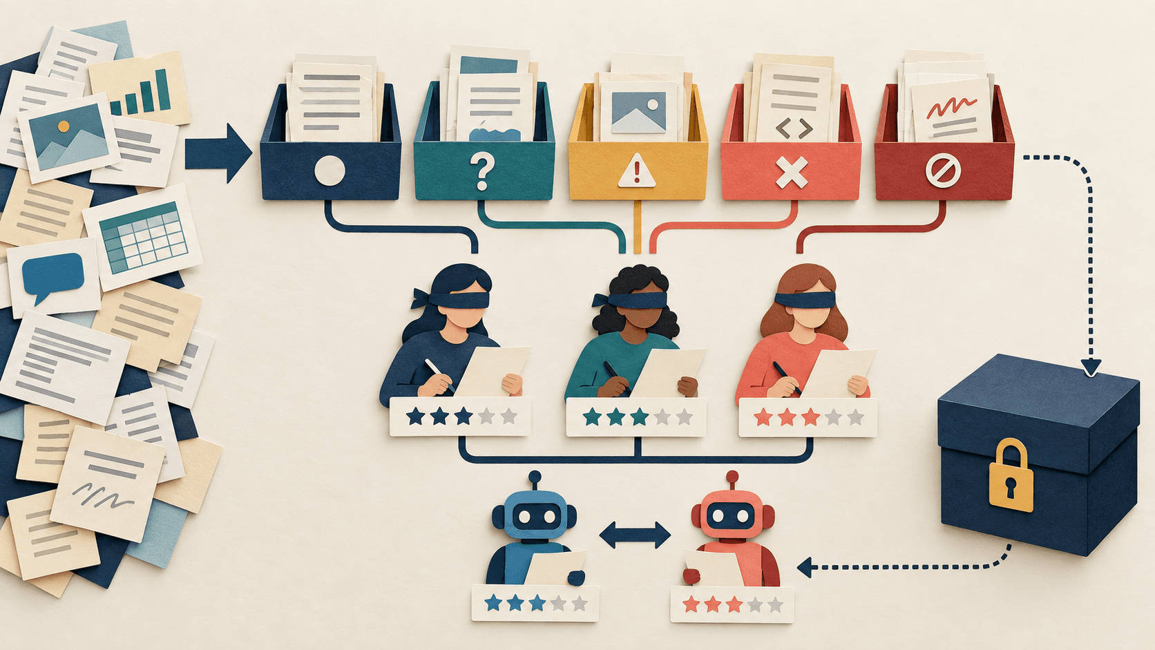 Build an AI Evaluation Set From Real Work Paper-cut editorial illustration of representative work samples sorted into ordinary, ambiguous, edge, failure, and refusal trays before a blind human-scored model comparison